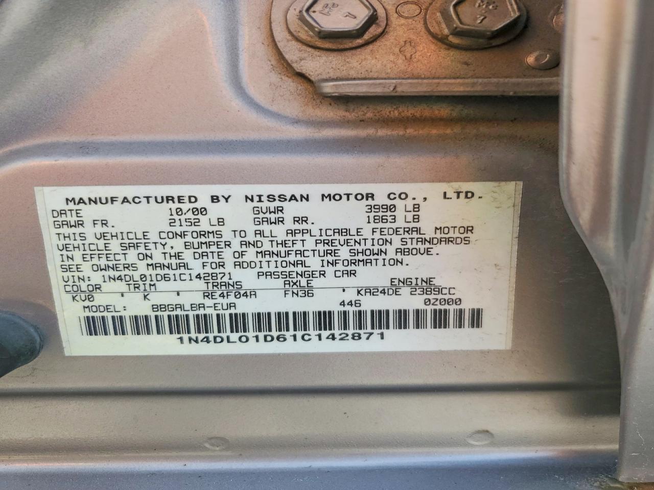 2001 Nissan Altima Xe Gray vin: 1N4DL01D61C142871