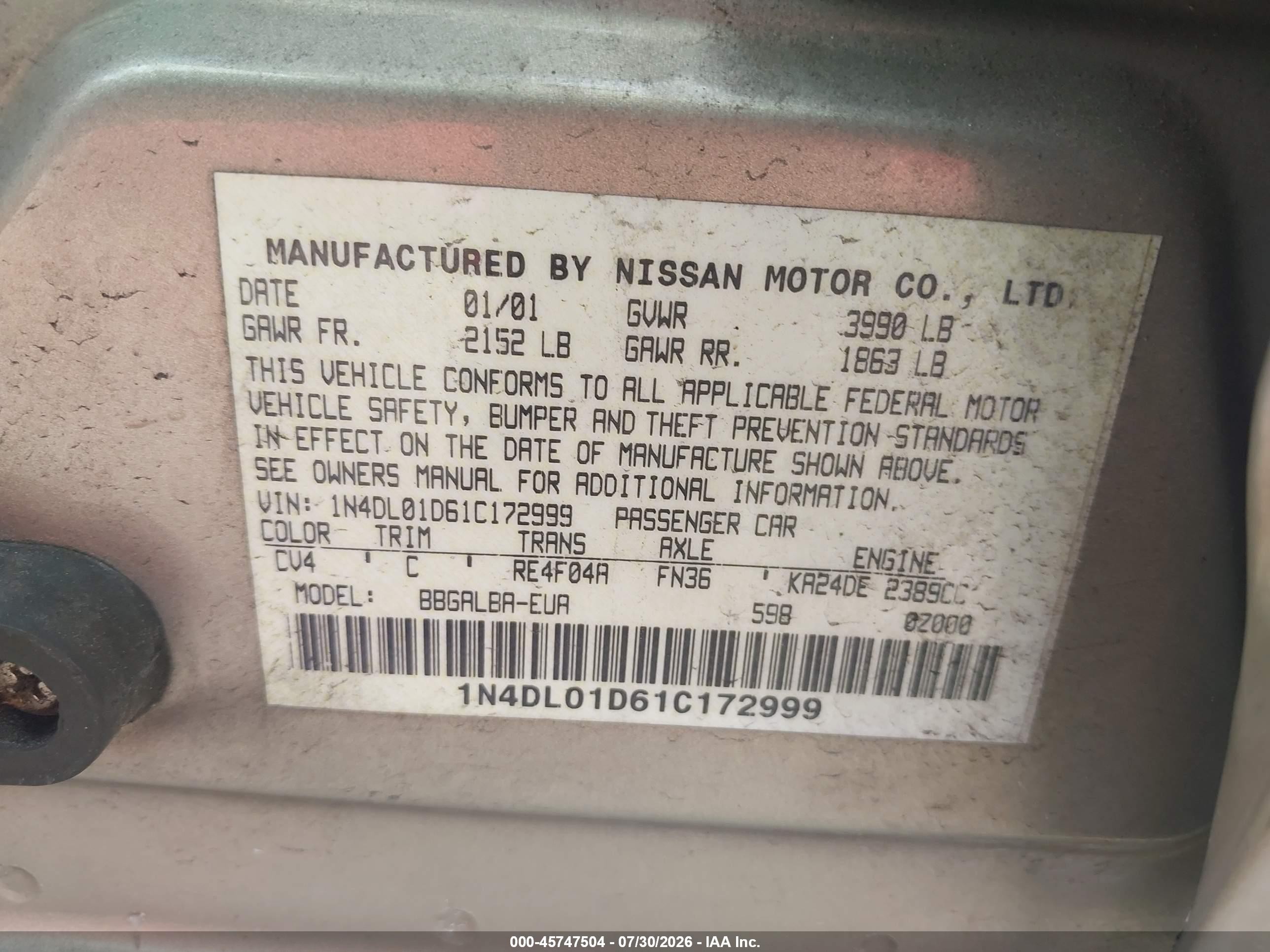 2001 Nissan Altima Gxe Gold vin: 1N4DL01D61C172999