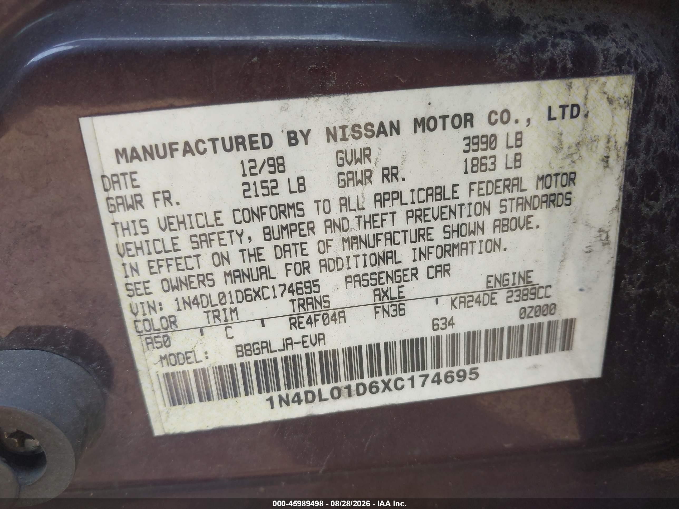 1999 Nissan Altima Gle/gxe/se/se-l/xe Purple vin: 1N4DL01D6XC174695
