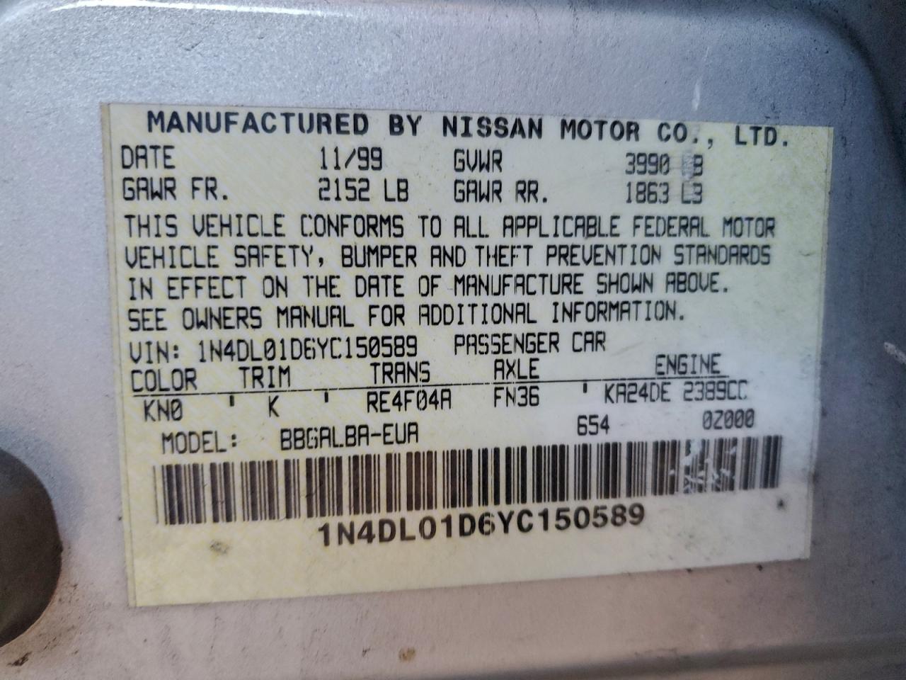 2000 Nissan Altima Xe Silver vin: 1N4DL01D6YC150589
