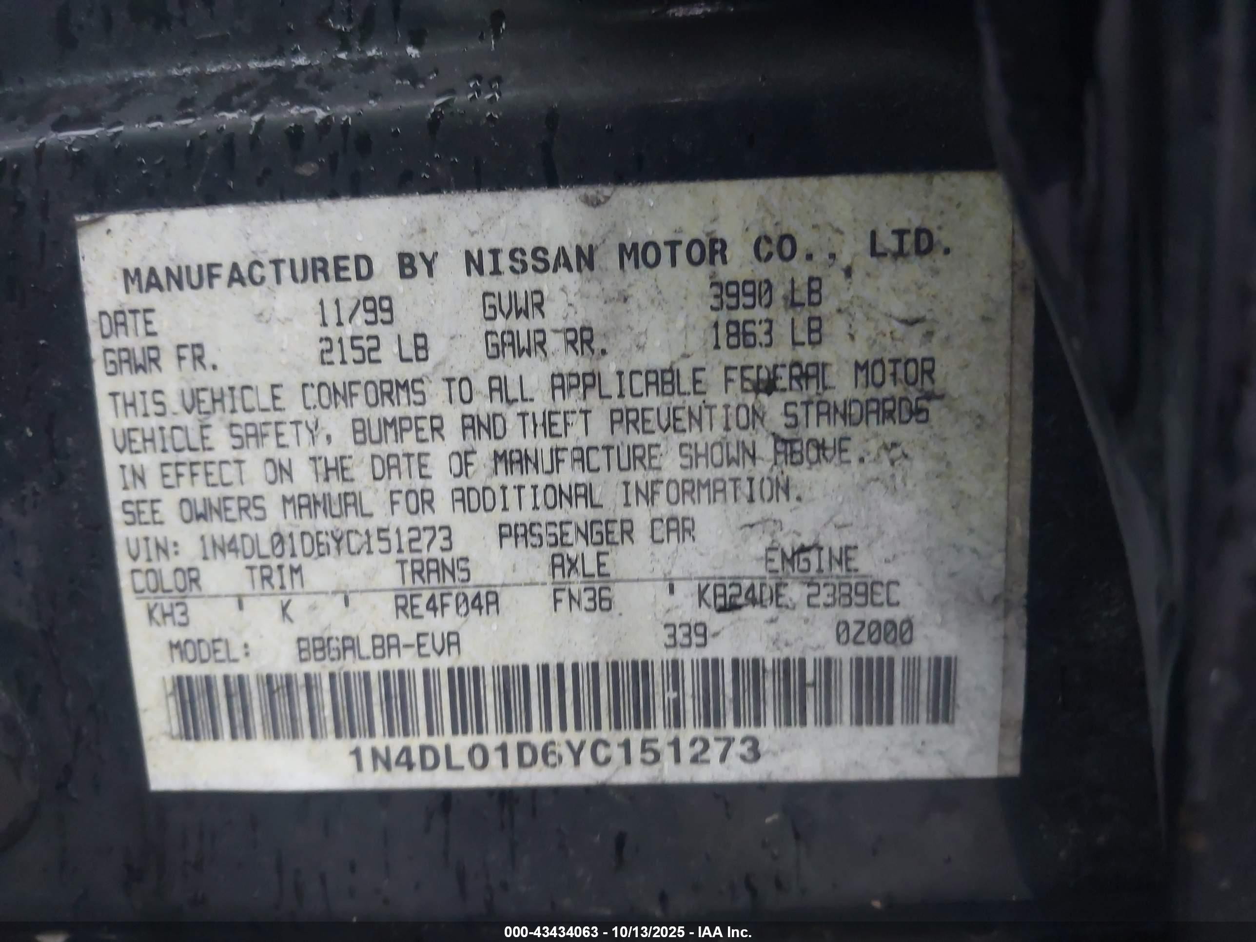 2000 Nissan Altima Xe/gxe/se/gle Black vin: 1N4DL01D6YC151273