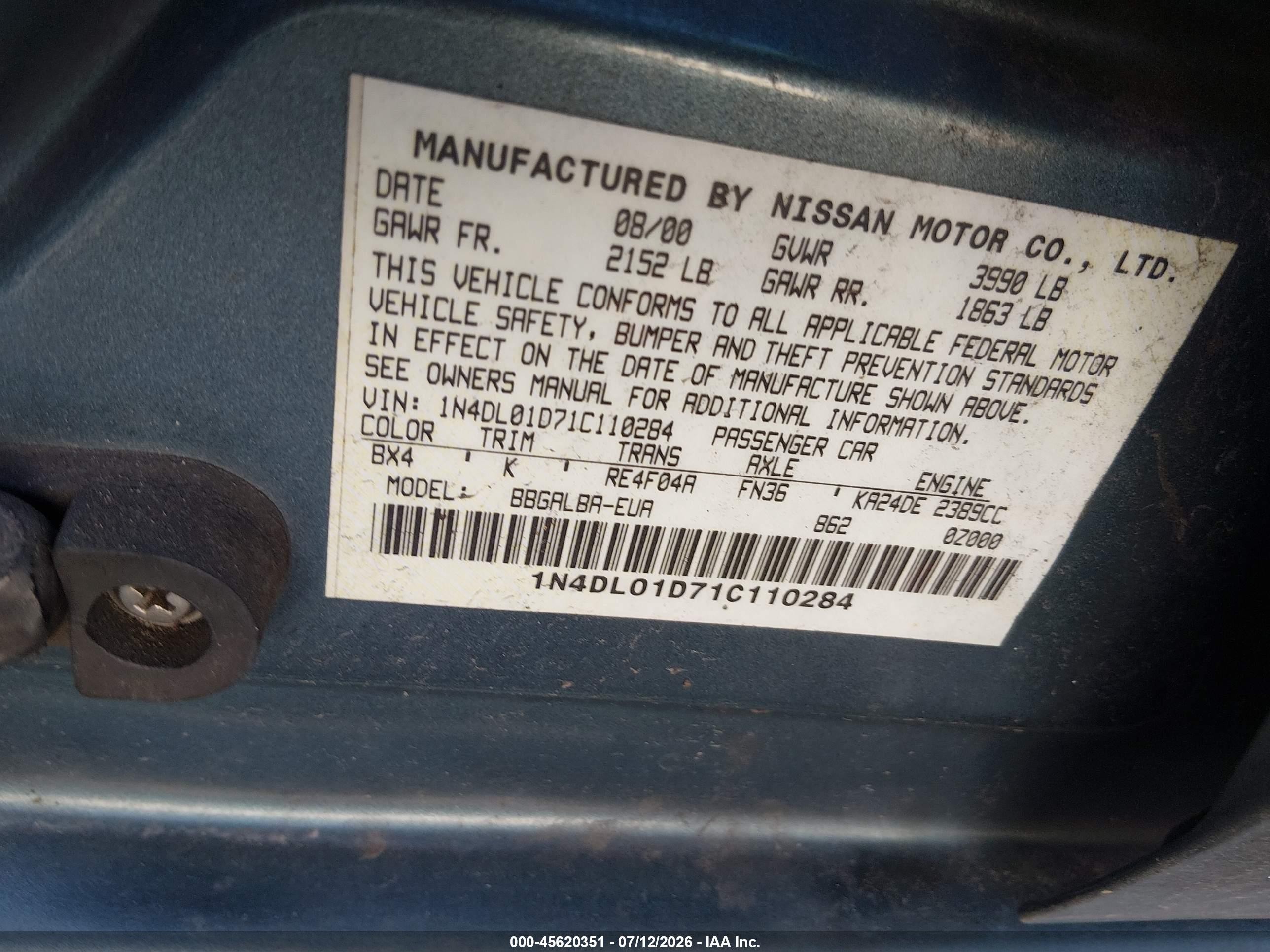 2001 Nissan Altima Gxe Gray vin: 1N4DL01D71C110284