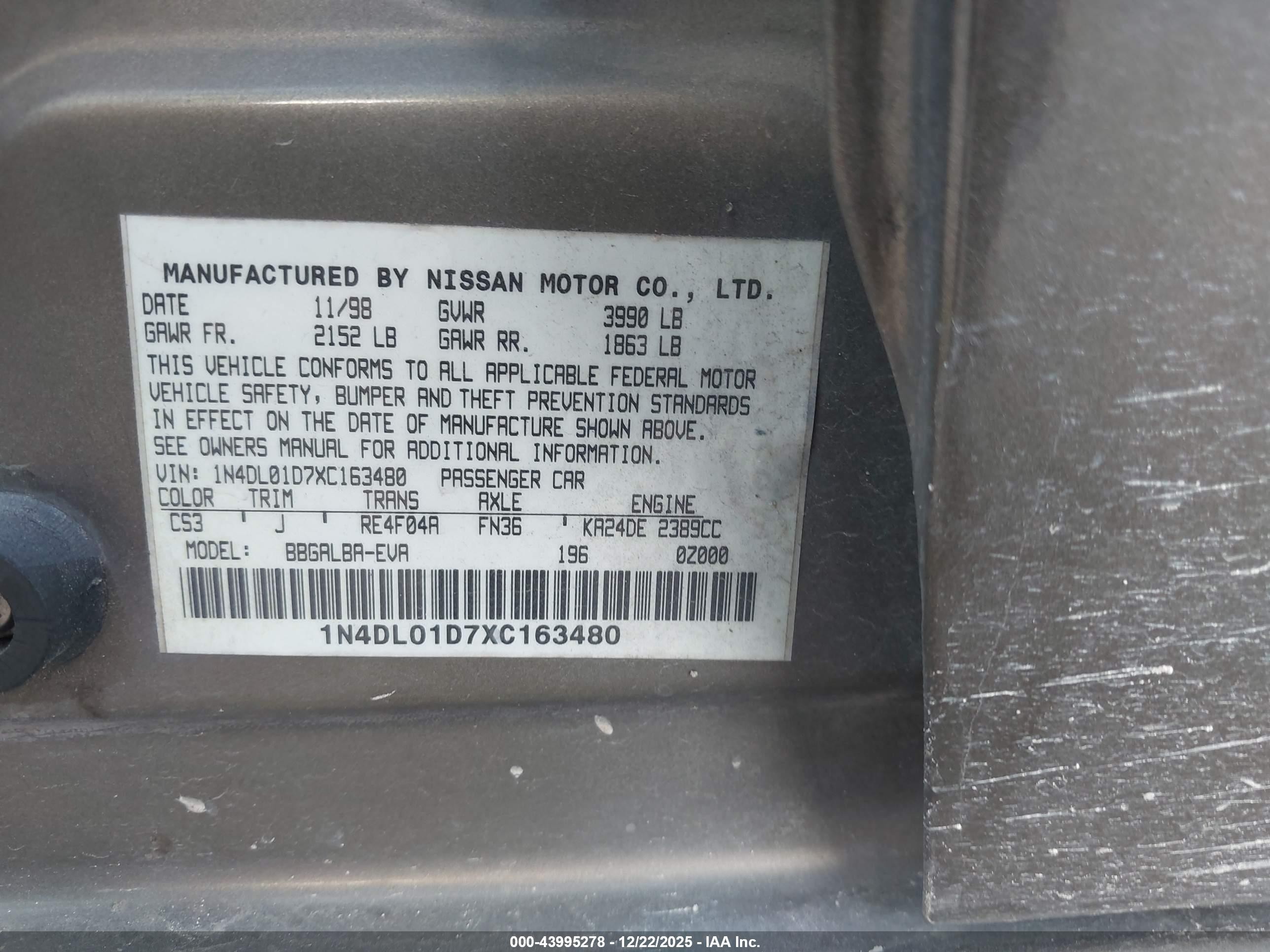 1999 Nissan Altima Gle/gxe/se/se-l/xe Gray vin: 1N4DL01D7XC163480