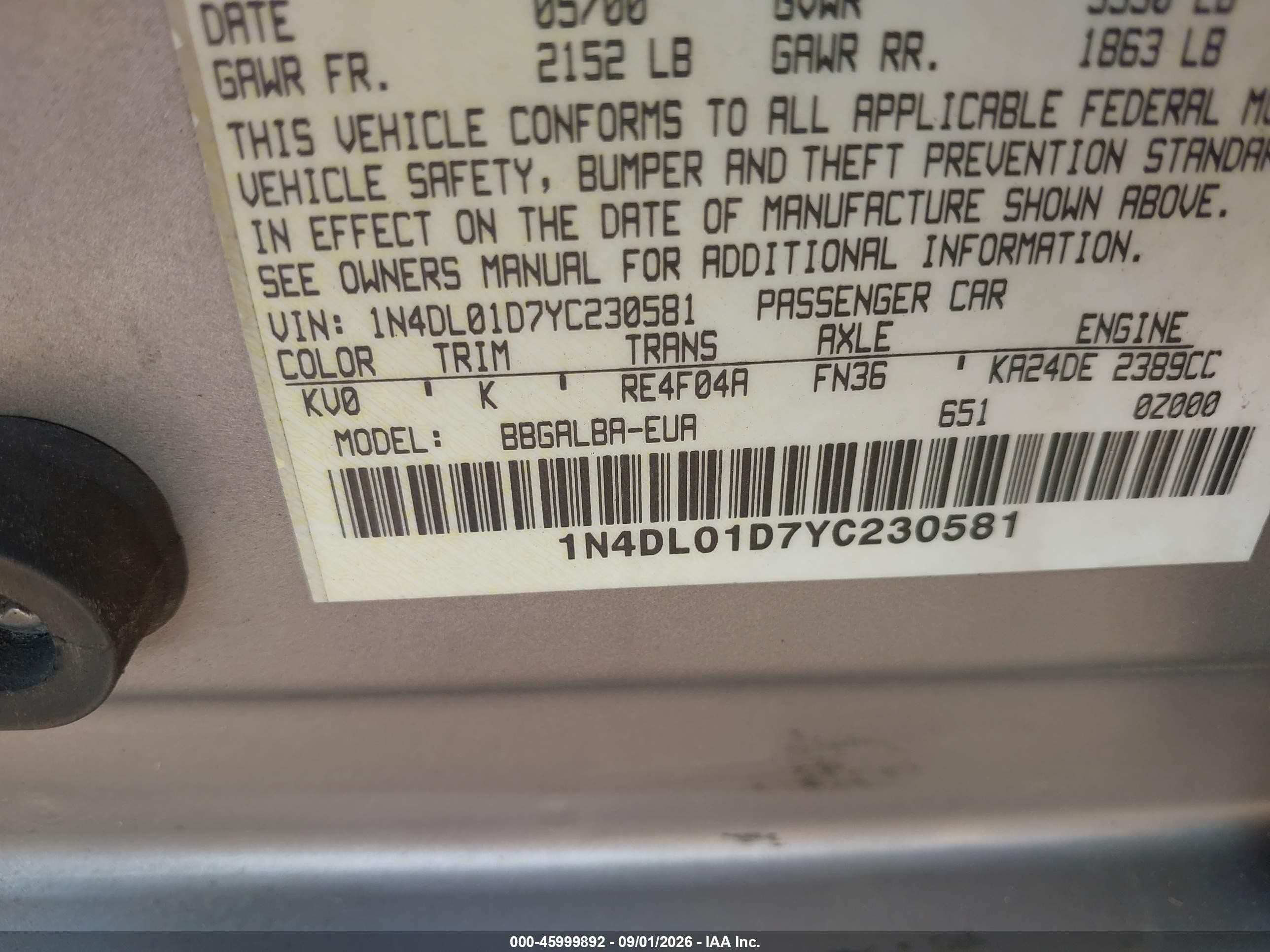 2000 Nissan Altima Gle/gxe/se/xe Серый vin: 1N4DL01D7YC230581
