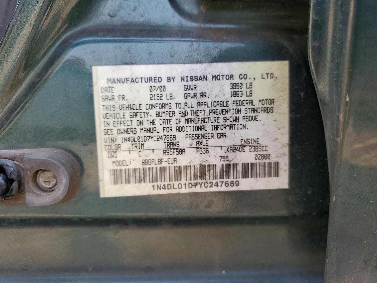 2000 Nissan Altima Xe Green vin: 1N4DL01D7YC247669