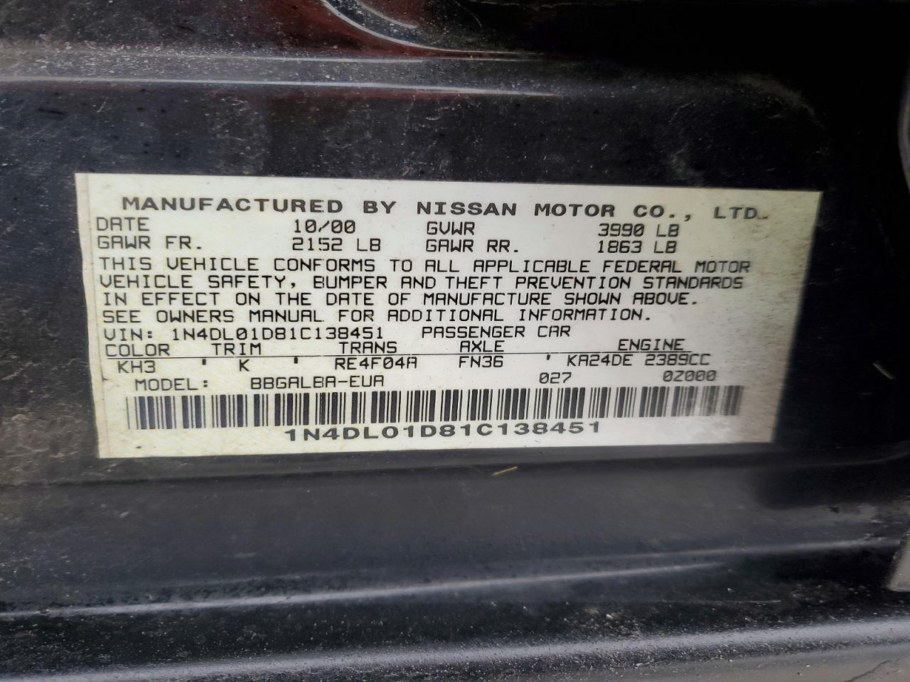 2001 Nissan Altima Xe Black vin: 1N4DL01D81C138451