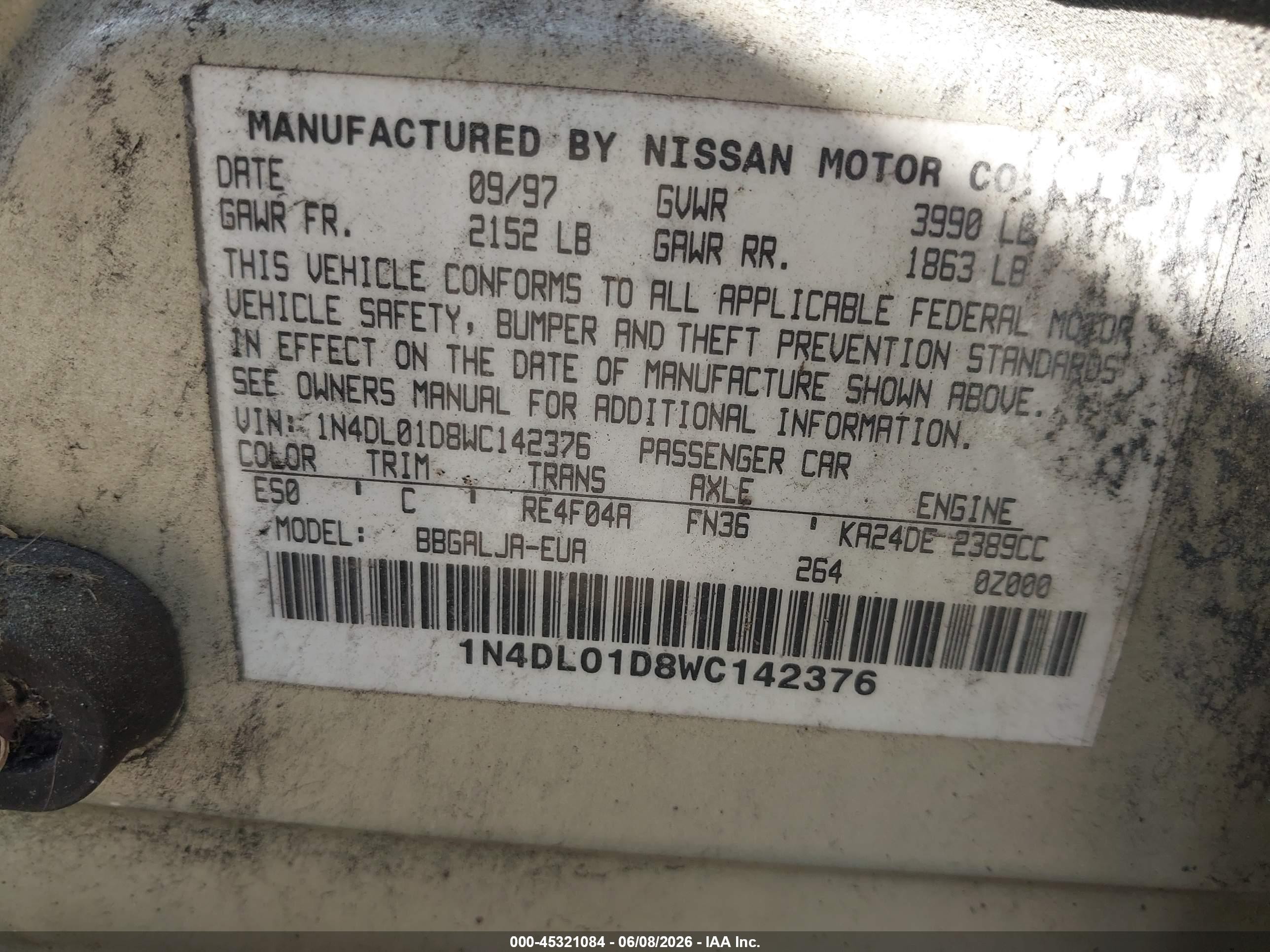 1998 Nissan Altima Gle/gxe/se/xe Champagne vin: 1N4DL01D8WC142376