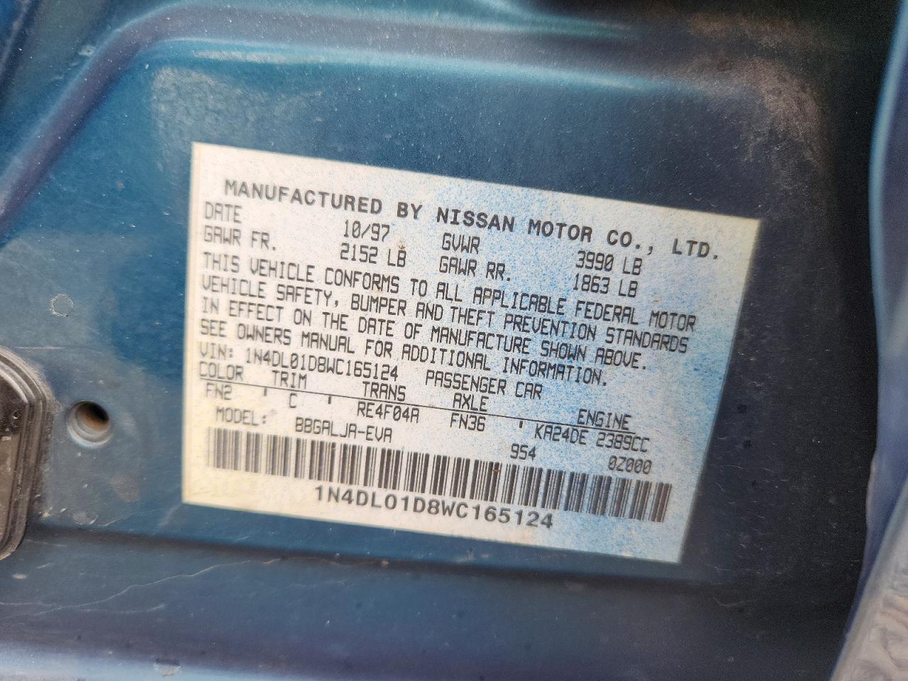 1998 Nissan Altima Xe Teal vin: 1N4DL01D8WC165124