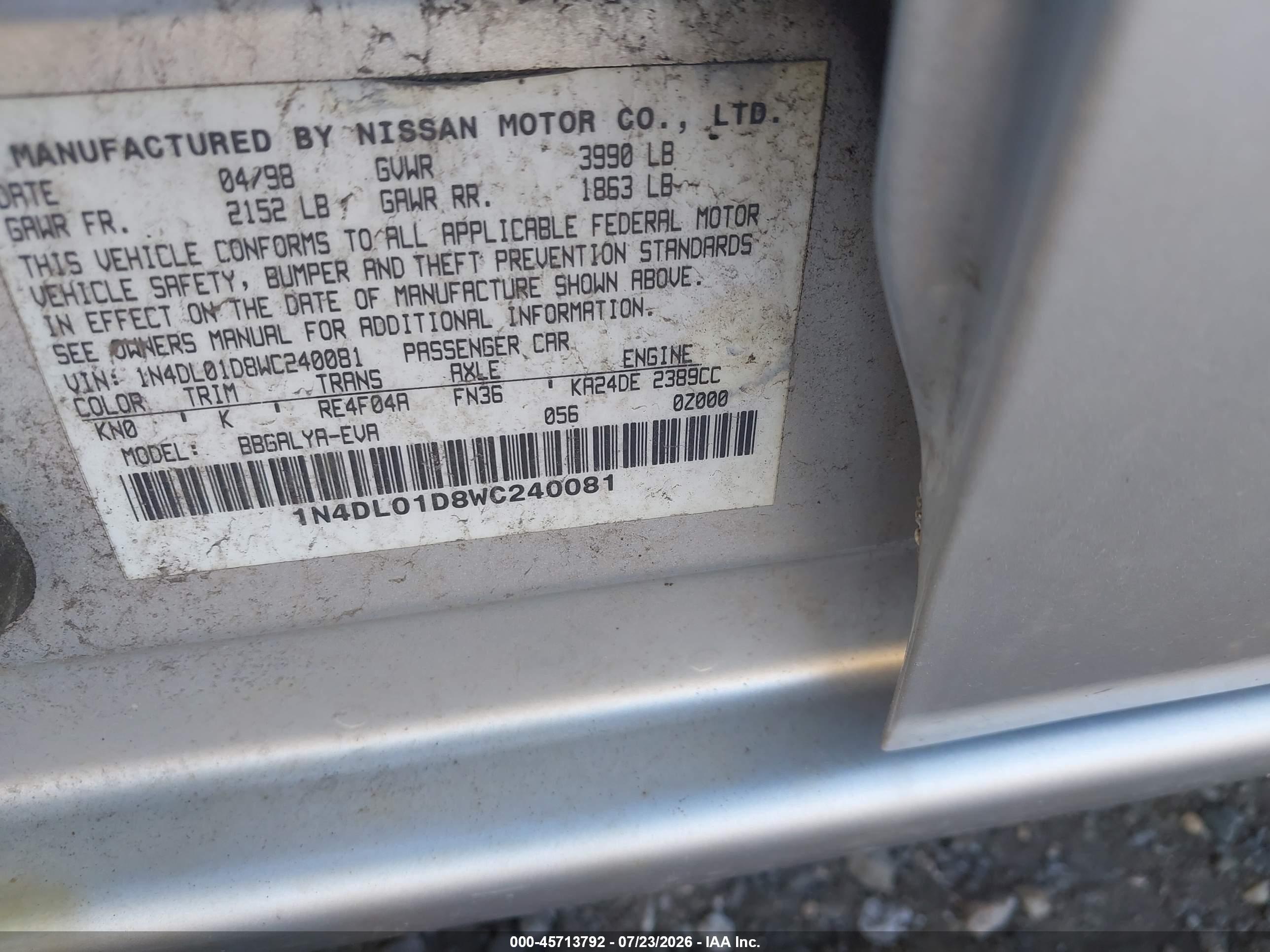 1998 Nissan Altima Gle/gxe/se/xe Silver vin: 1N4DL01D8WC240081