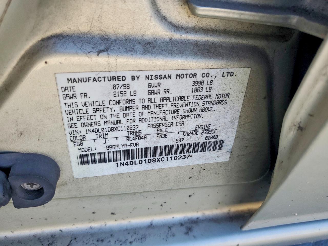 1999 Nissan Altima Xe Beige vin: 1N4DL01D8XC110237