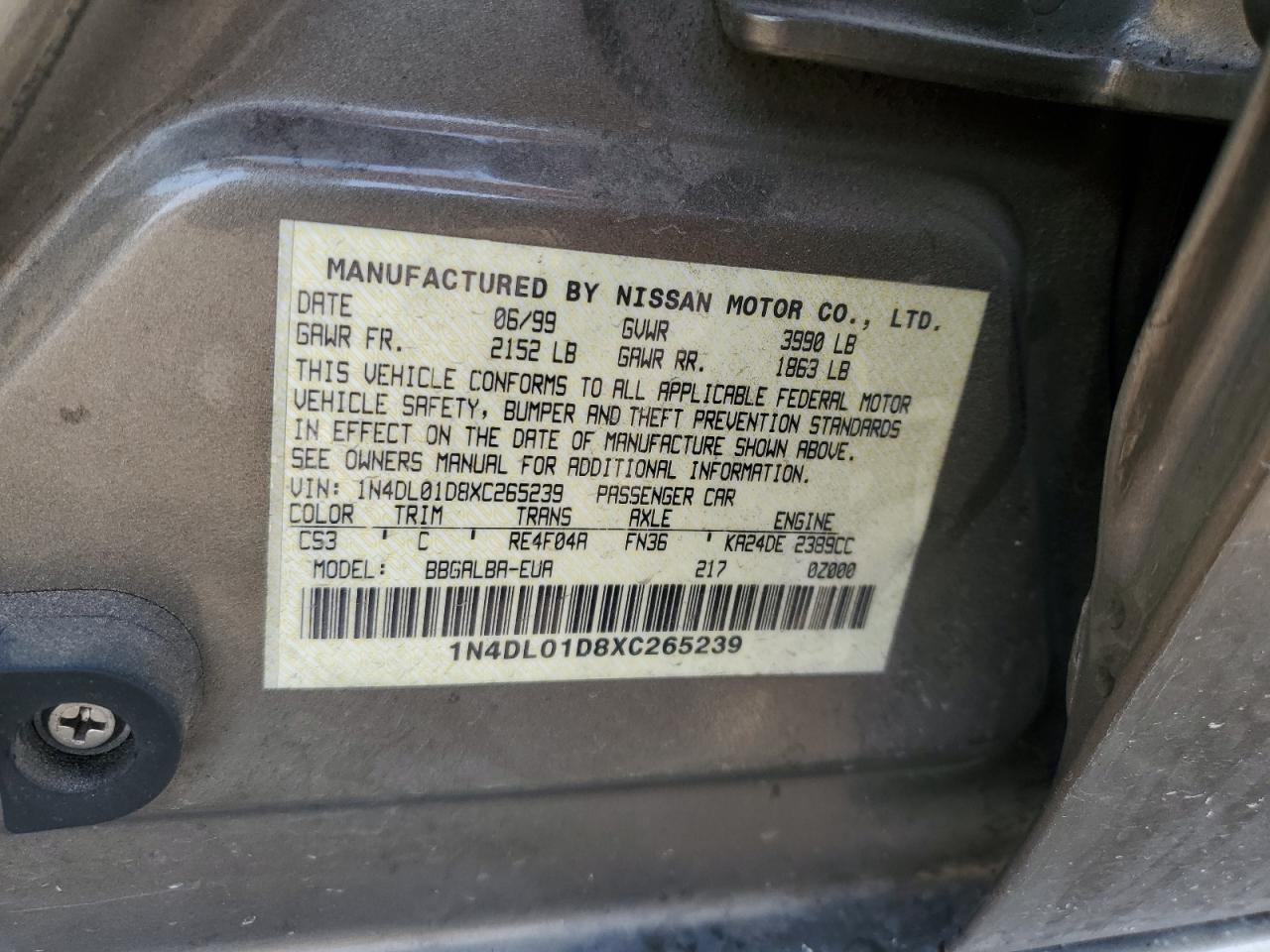 1999 Nissan Altima Xe Gold vin: 1N4DL01D8XC265239
