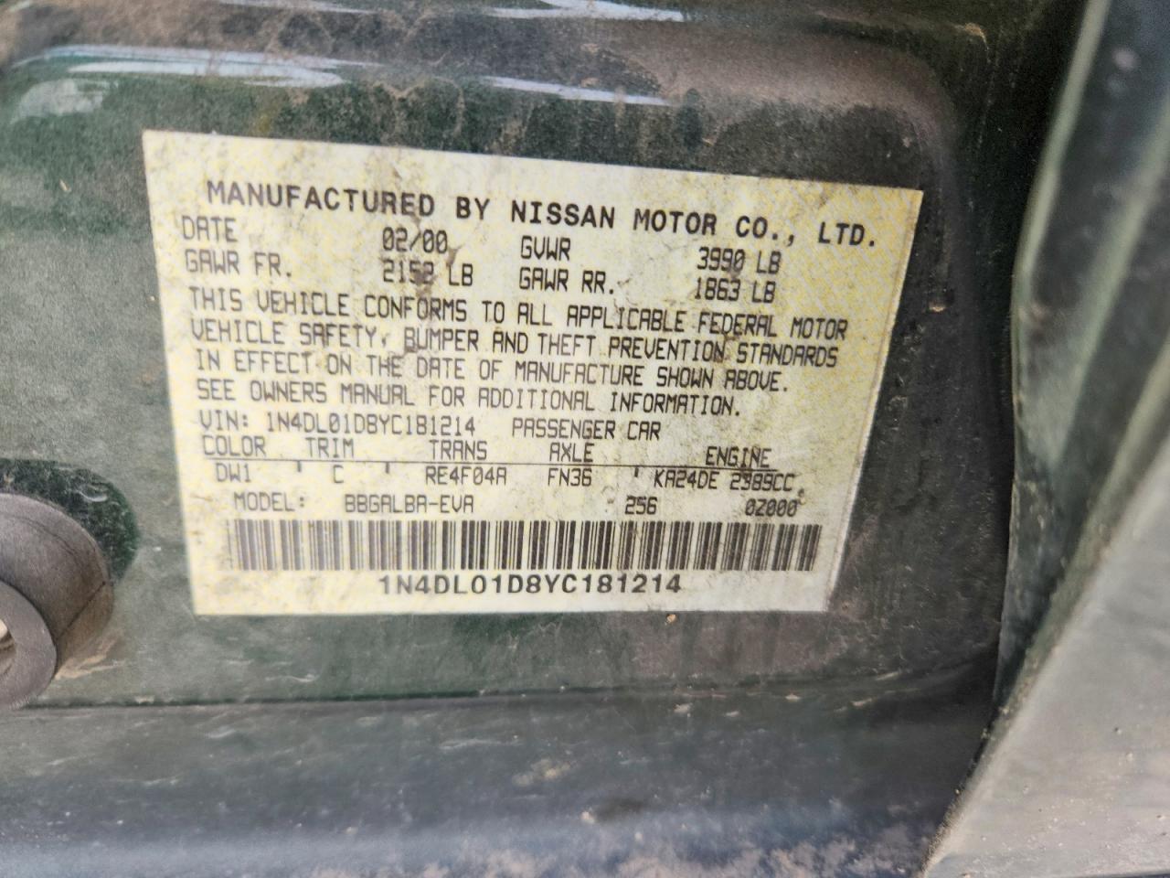 2000 Nissan Altima Xe Green vin: 1N4DL01D8YC181214