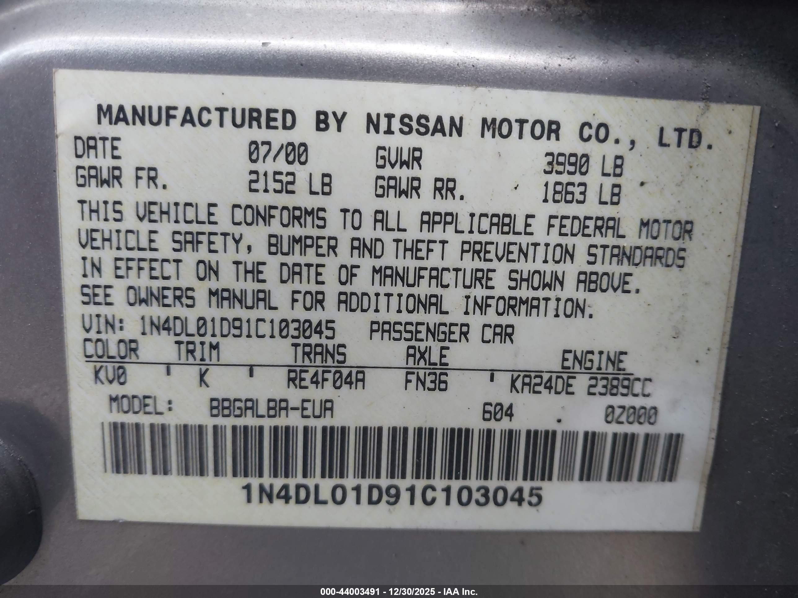 2001 Nissan Altima Gxe Beige vin: 1N4DL01D91C103045