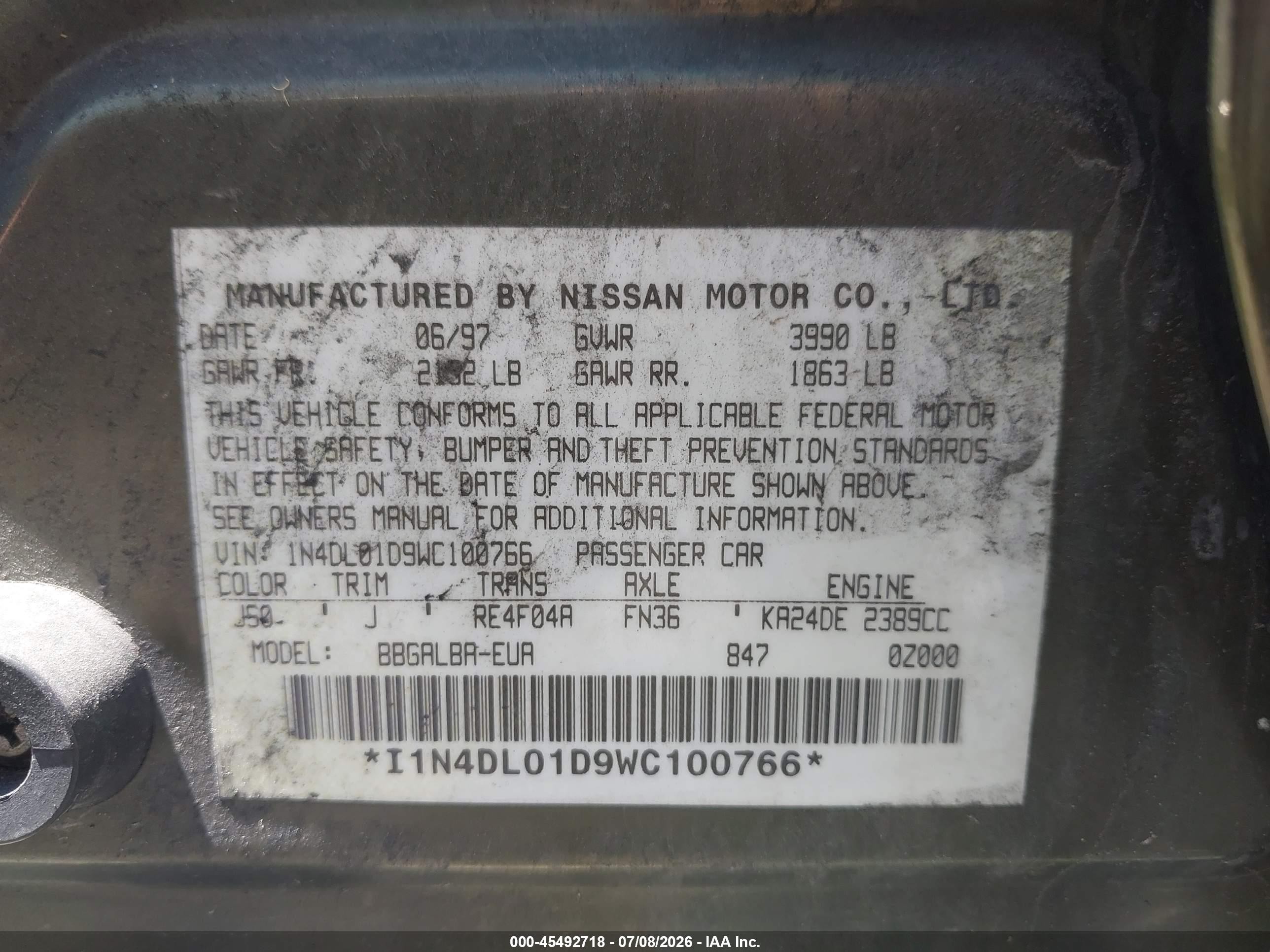 1998 Nissan Altima   Зеленый vin: 1N4DL01D9WC100766