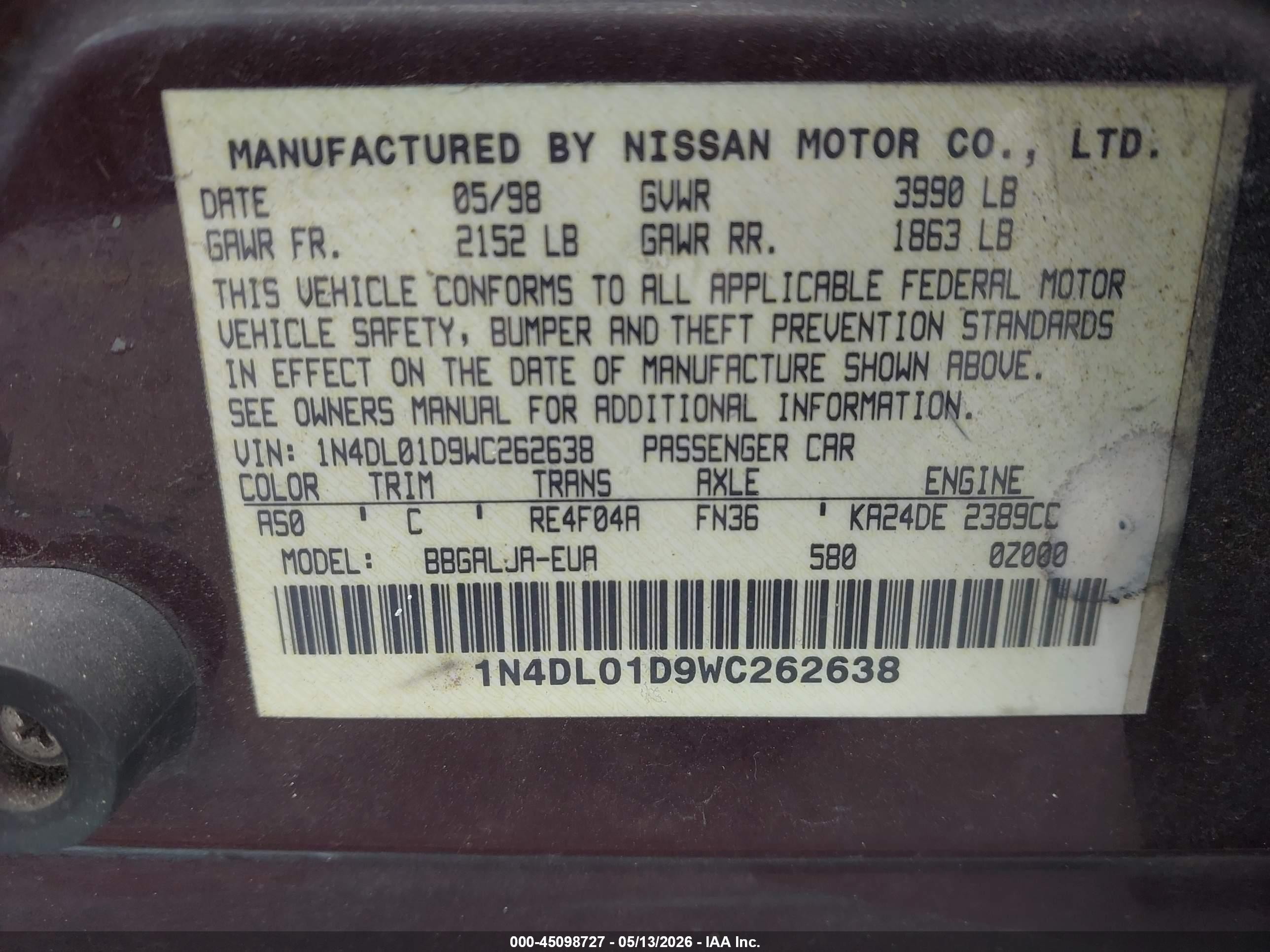 1998 Nissan Altima Gle/gxe/se/xe Burgundy vin: 1N4DL01D9WC262638