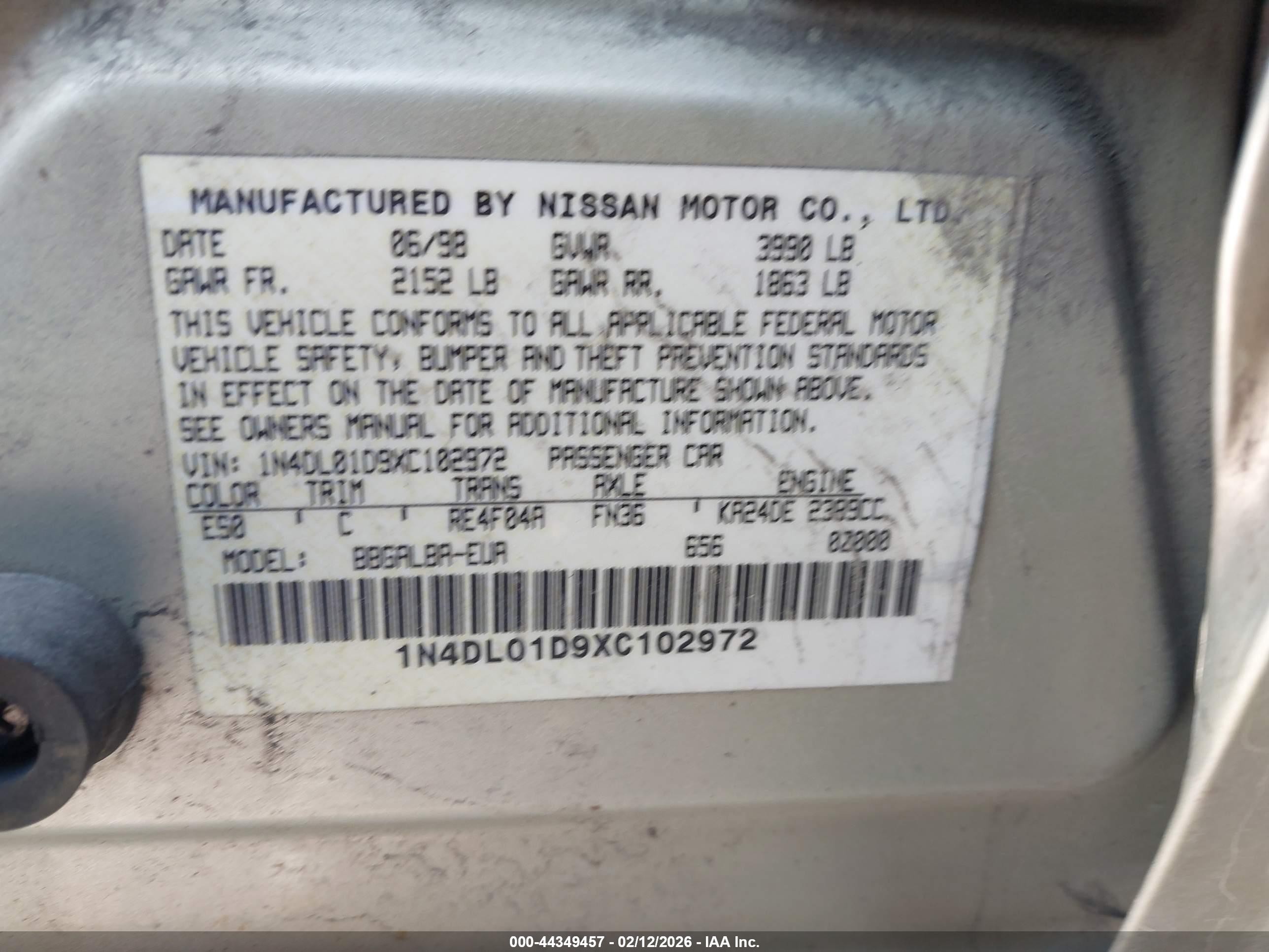 1999 Nissan Altima Gle/gxe/se/se-l/xe Gold vin: 1N4DL01D9XC102972