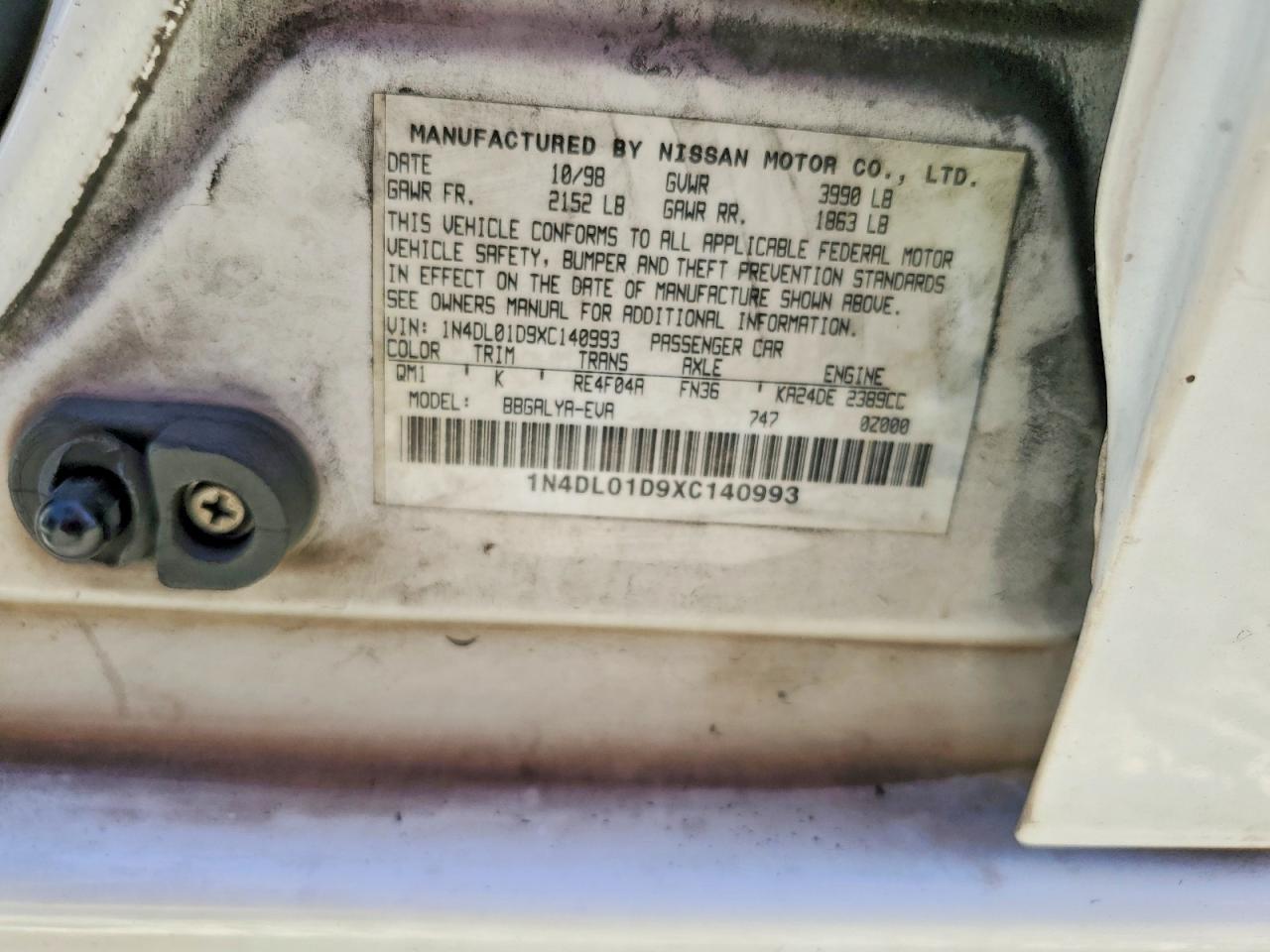 1999 Nissan Altima Xe White vin: 1N4DL01D9XC140993