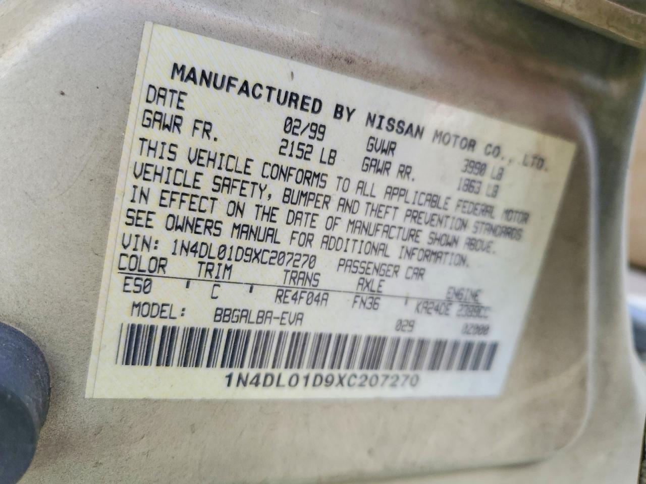 1999 Nissan Altima Xe Tan vin: 1N4DL01D9XC207270