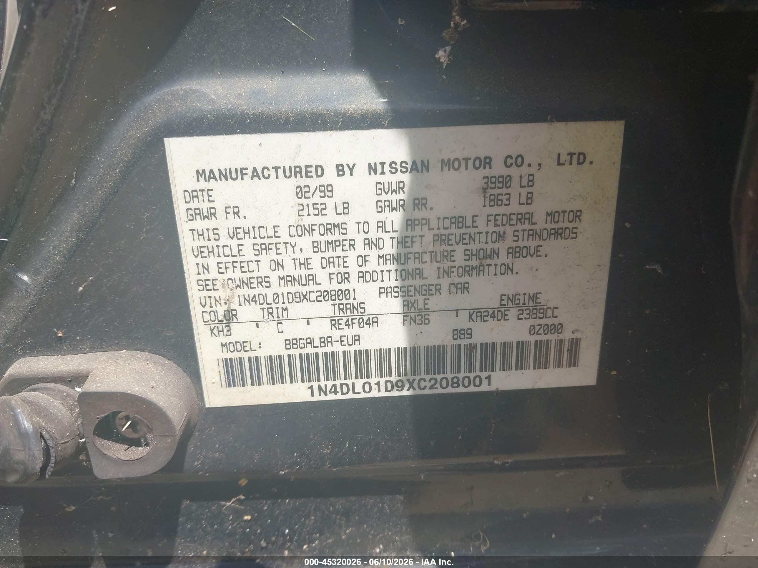 1999 Nissan Altima Gle/gxe/se/se-l/xe Black vin: 1N4DL01D9XC208001
