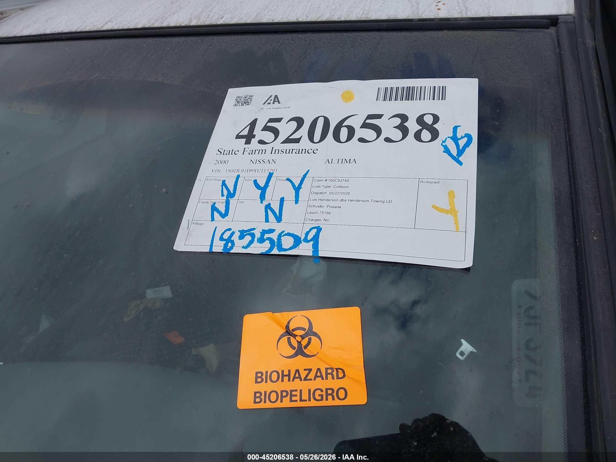 2000 Nissan Altima Gle/gxe/se/xe Белый vin: 1N4DL01D9YC113293
