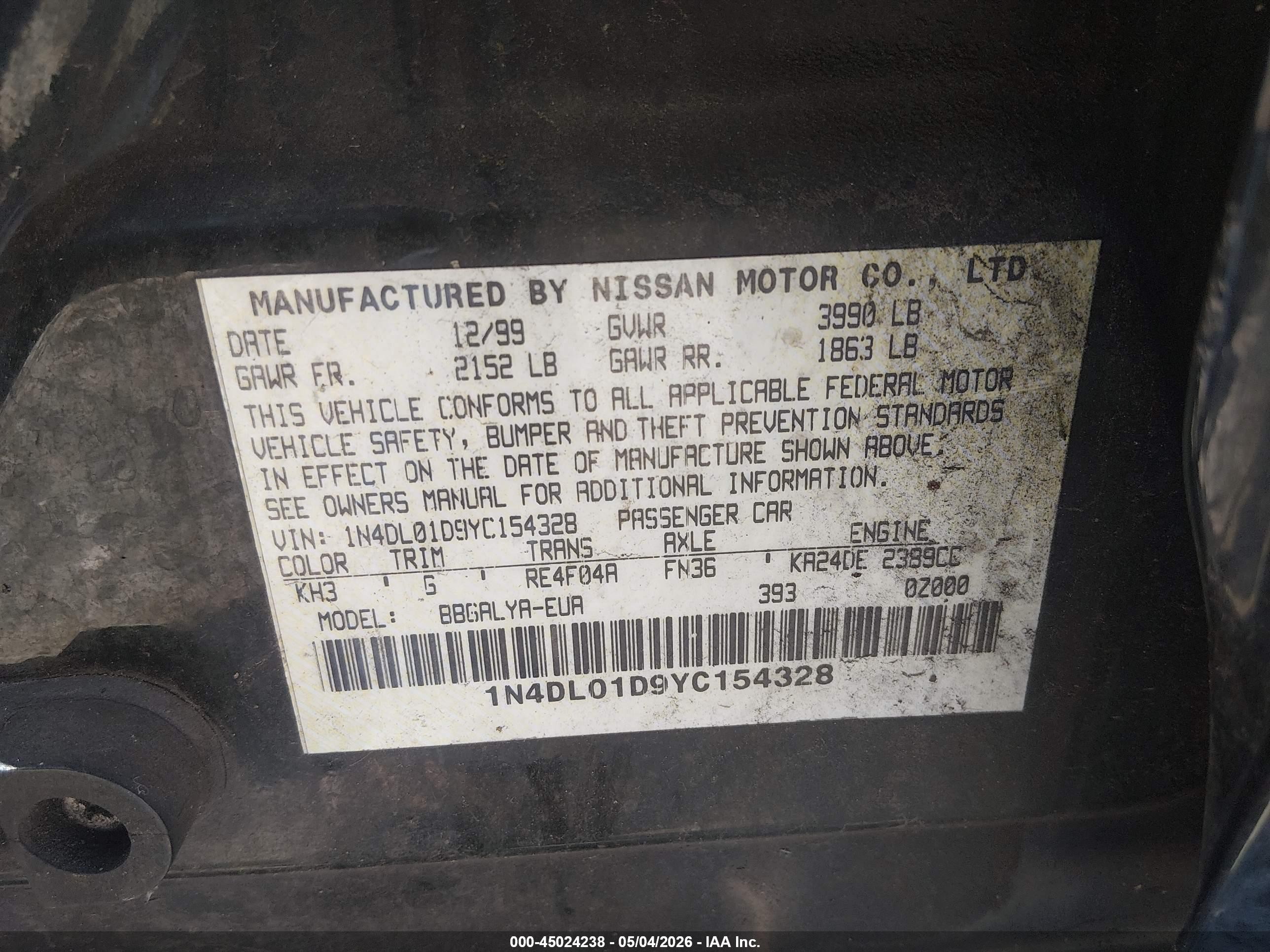 2000 Nissan Altima Gle/gxe/se/xe Black vin: 1N4DL01D9YC154328