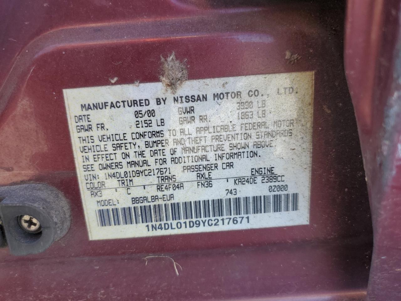 2000 Nissan Altima Xe Maroon vin: 1N4DL01D9YC217671