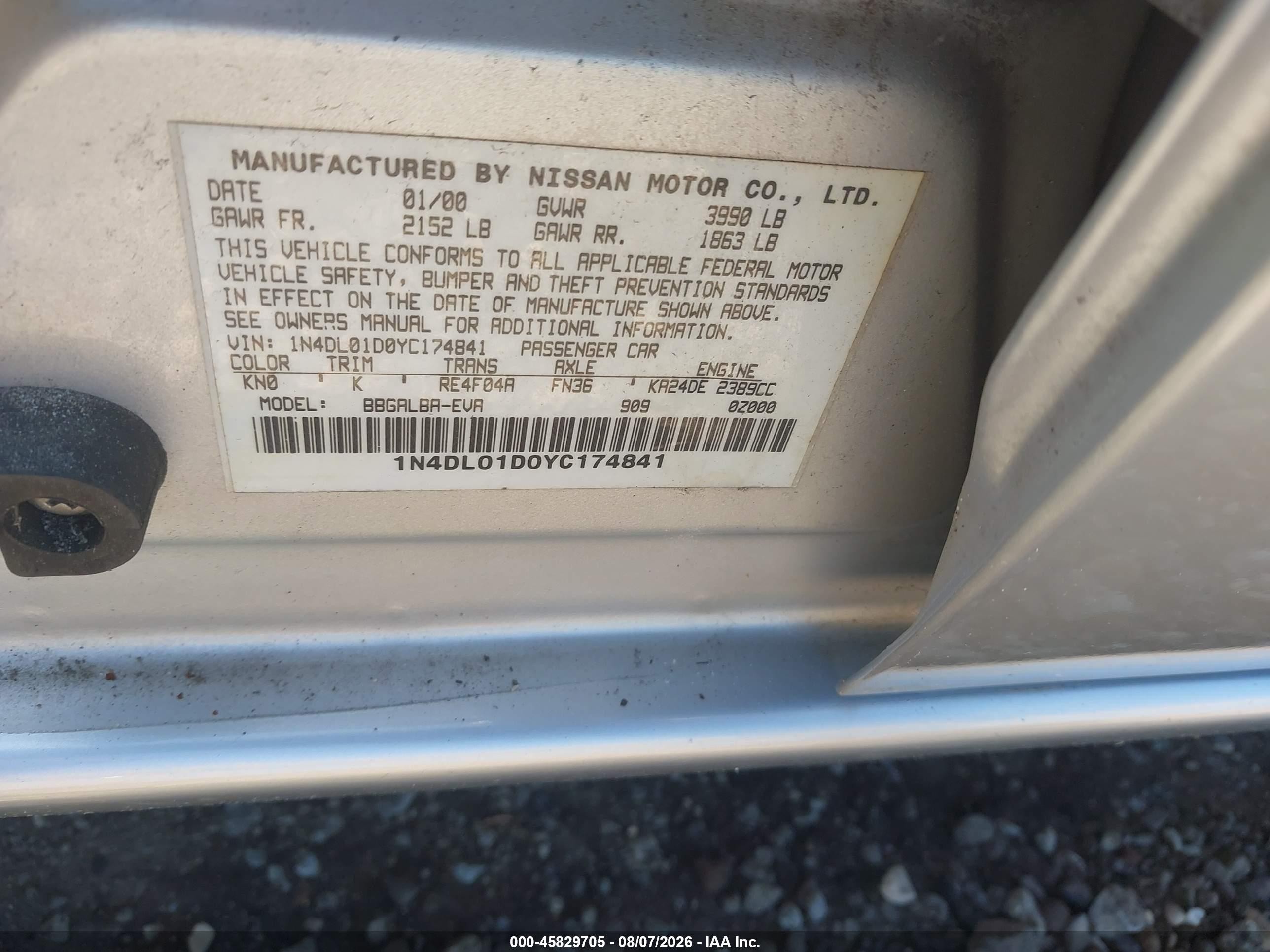 2000 Nissan Altima Xe/gxe/se/gle Silver vin: 1N4DL01DOYC174841