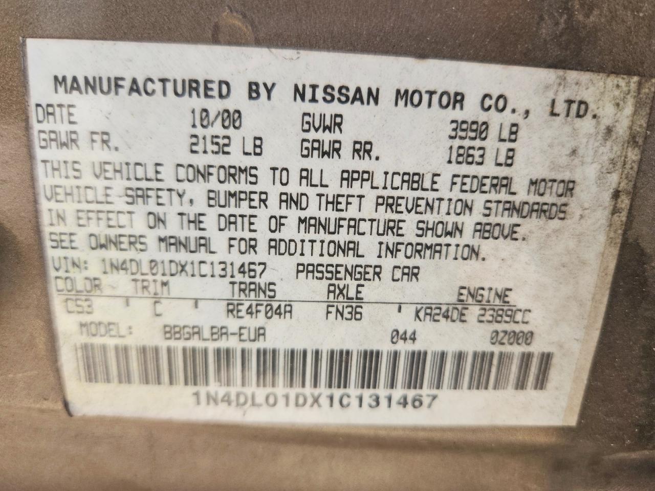 2001 Nissan Altima Xe Tan vin: 1N4DL01DX1C131467