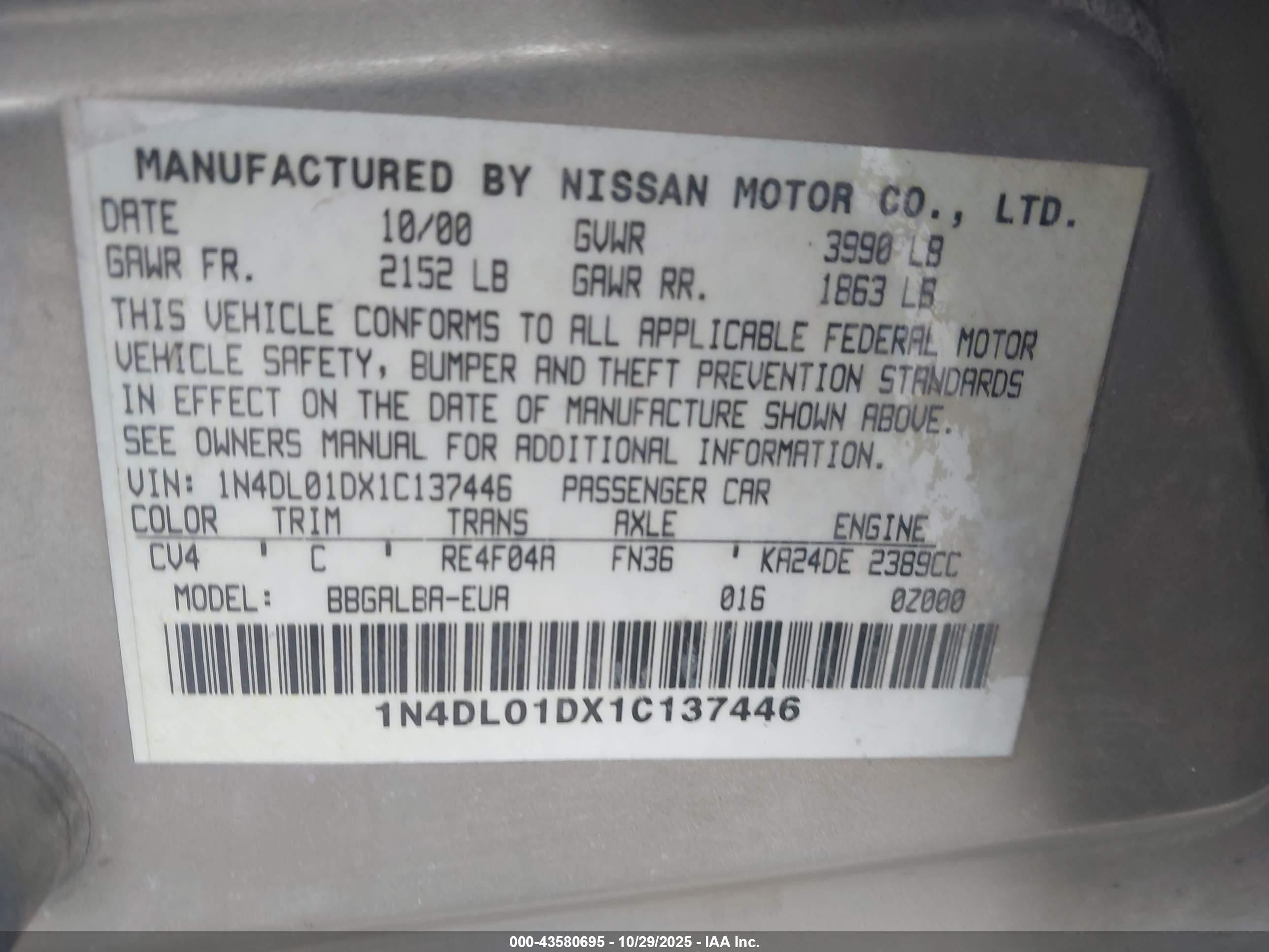 2001 Nissan Altima Gxe Beige vin: 1N4DL01DX1C137446