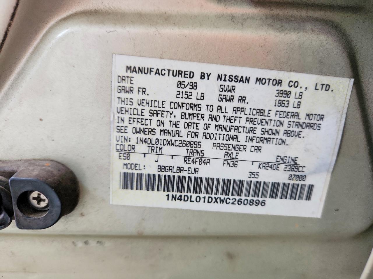 1998 Nissan Altima Xe Золотой vin: 1N4DL01DXWC260896