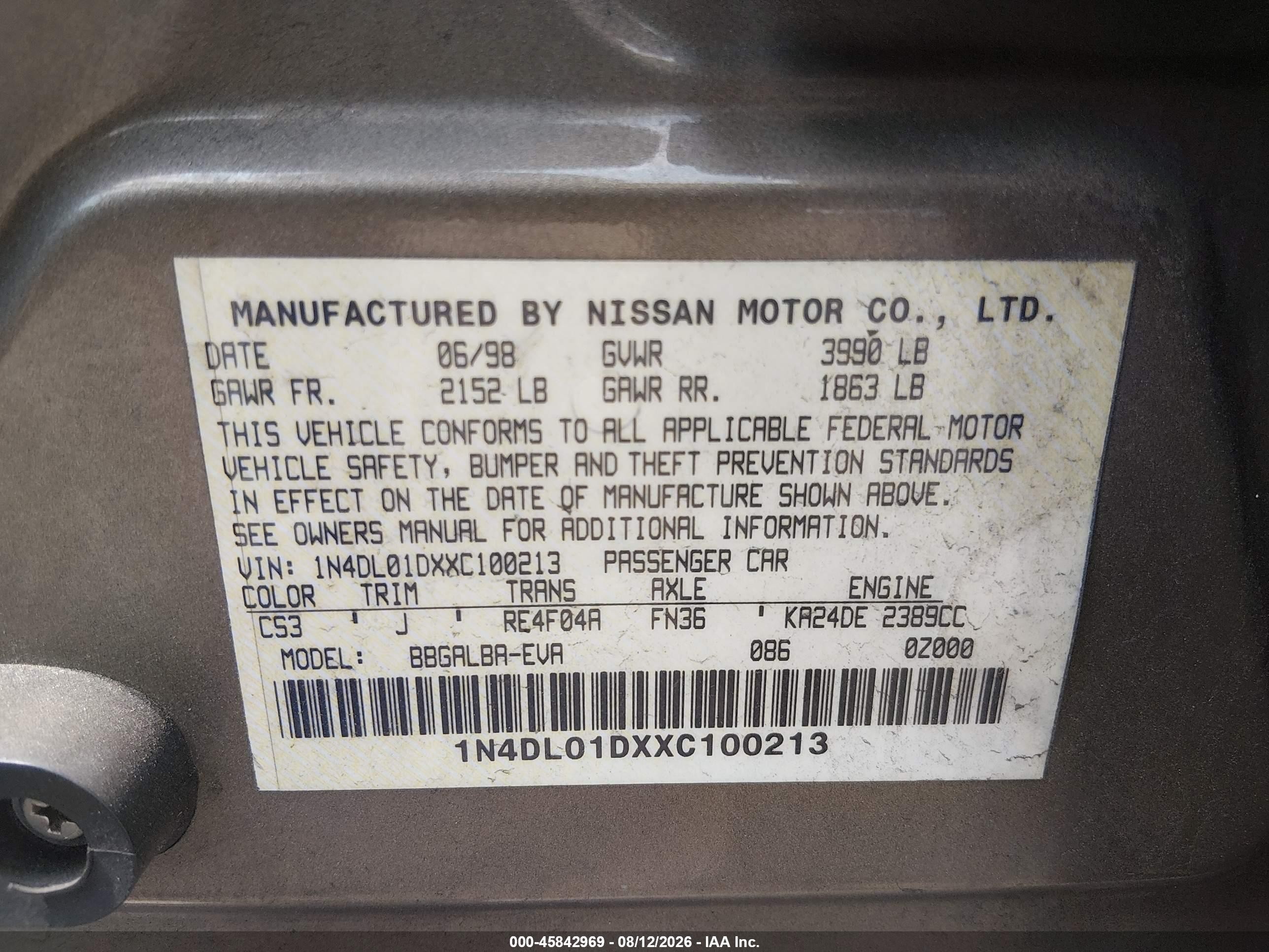 1999 Nissan Altima Gle/gxe/se/se-l/xe Gold vin: 1N4DL01DXXC100213