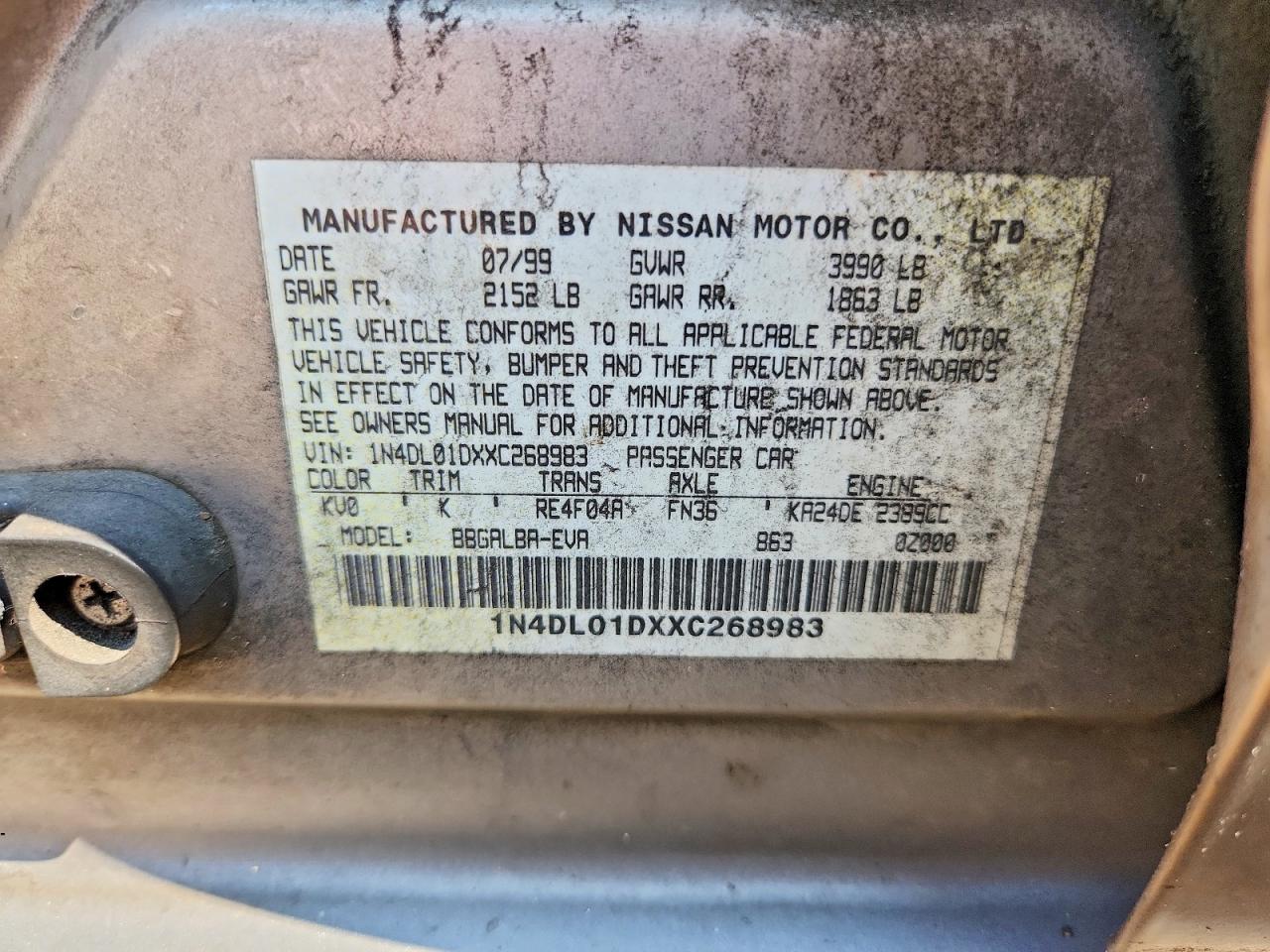 1999 Nissan Altima Xe Gray vin: 1N4DL01DXXC268983
