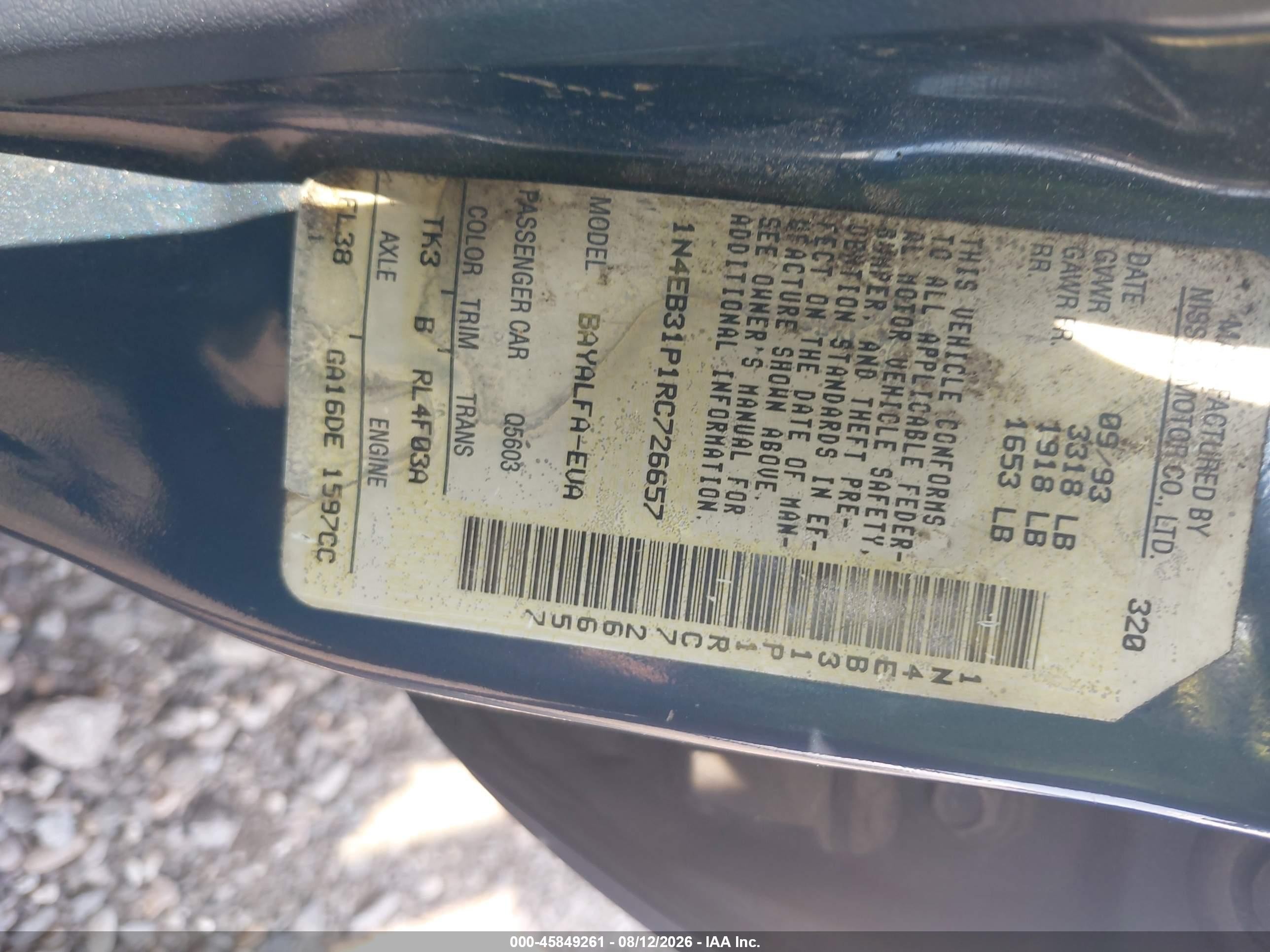 1994 Nissan Sentra E/xe/gxe/le Blue vin: 1N4EB31P1RC726657