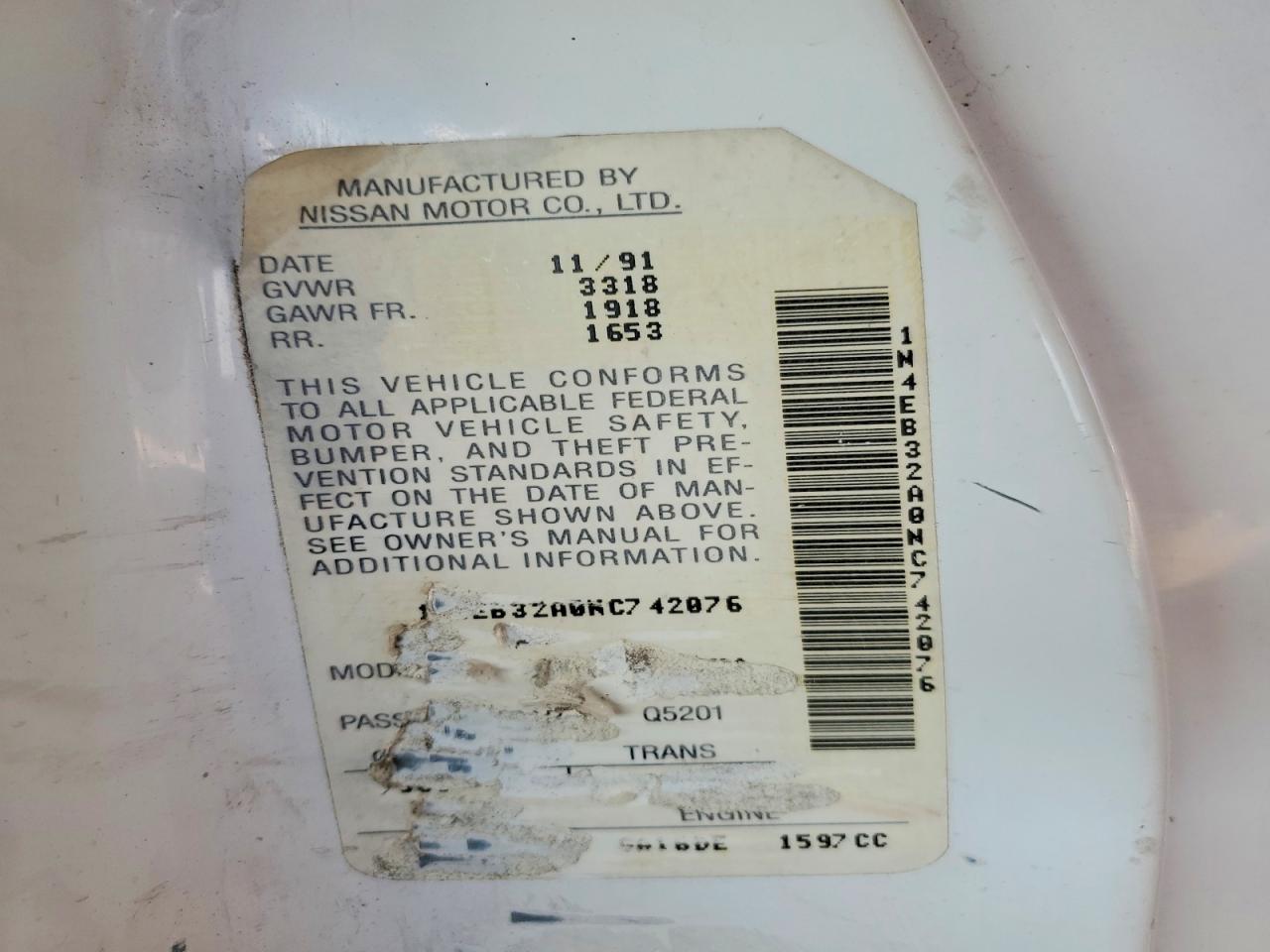 1992 Nissan Sentra E White vin: 1N4EB32A0NC742076