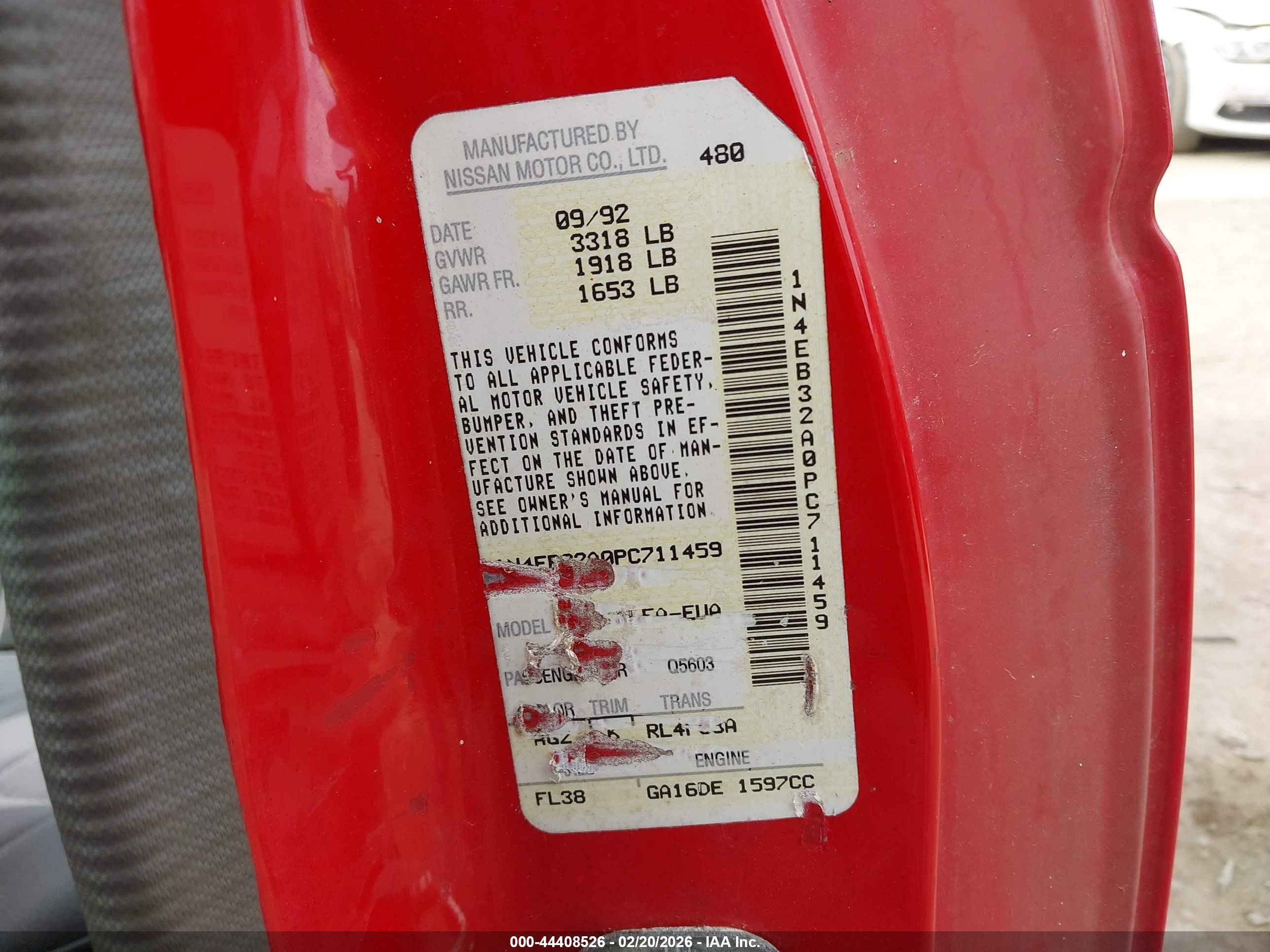 1993 Nissan Sentra E/xe/se Red vin: 1N4EB32A0PC711459