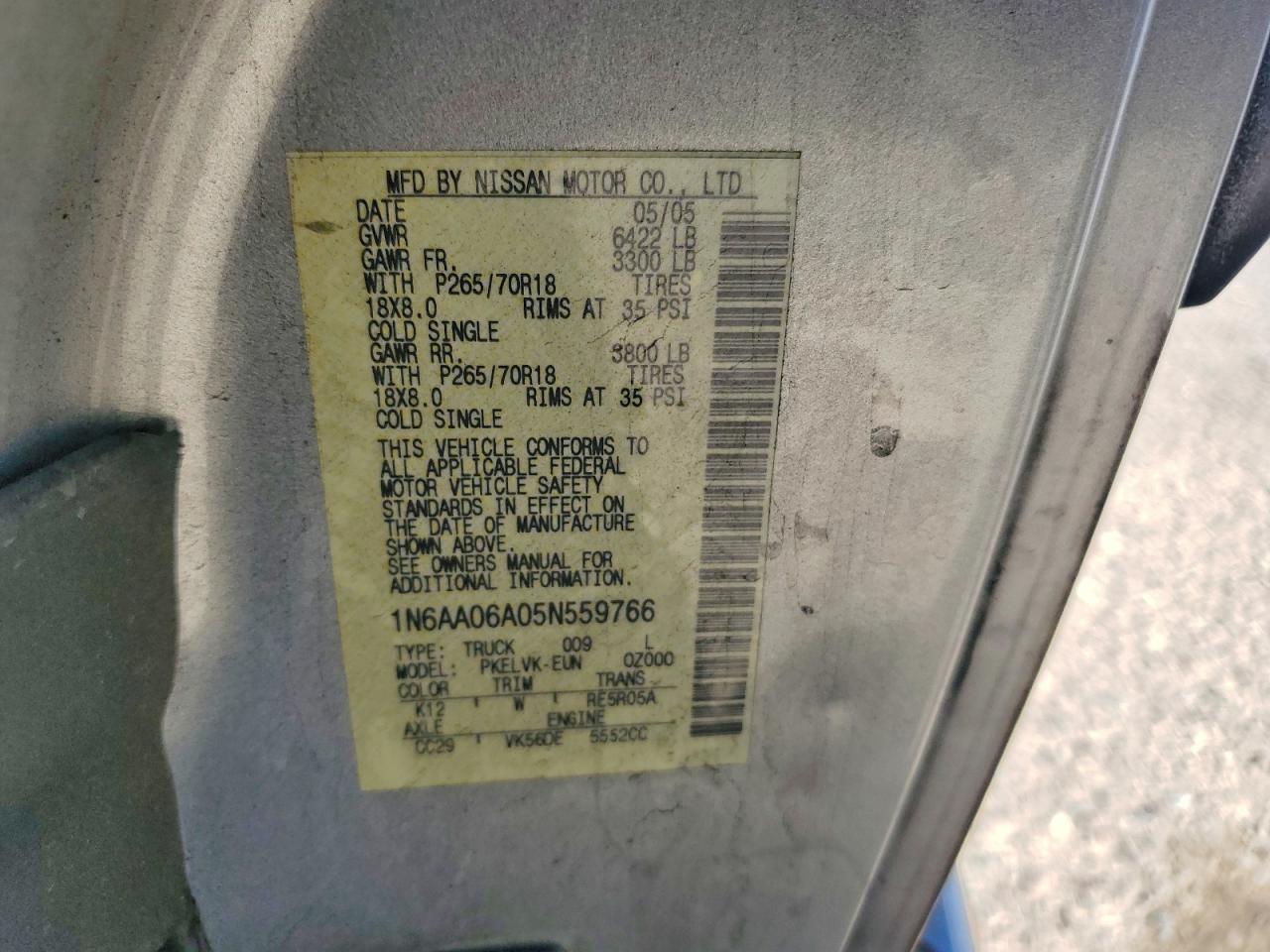 2005 Nissan Titan Xe Silver vin: 1N6AA06A05N559766