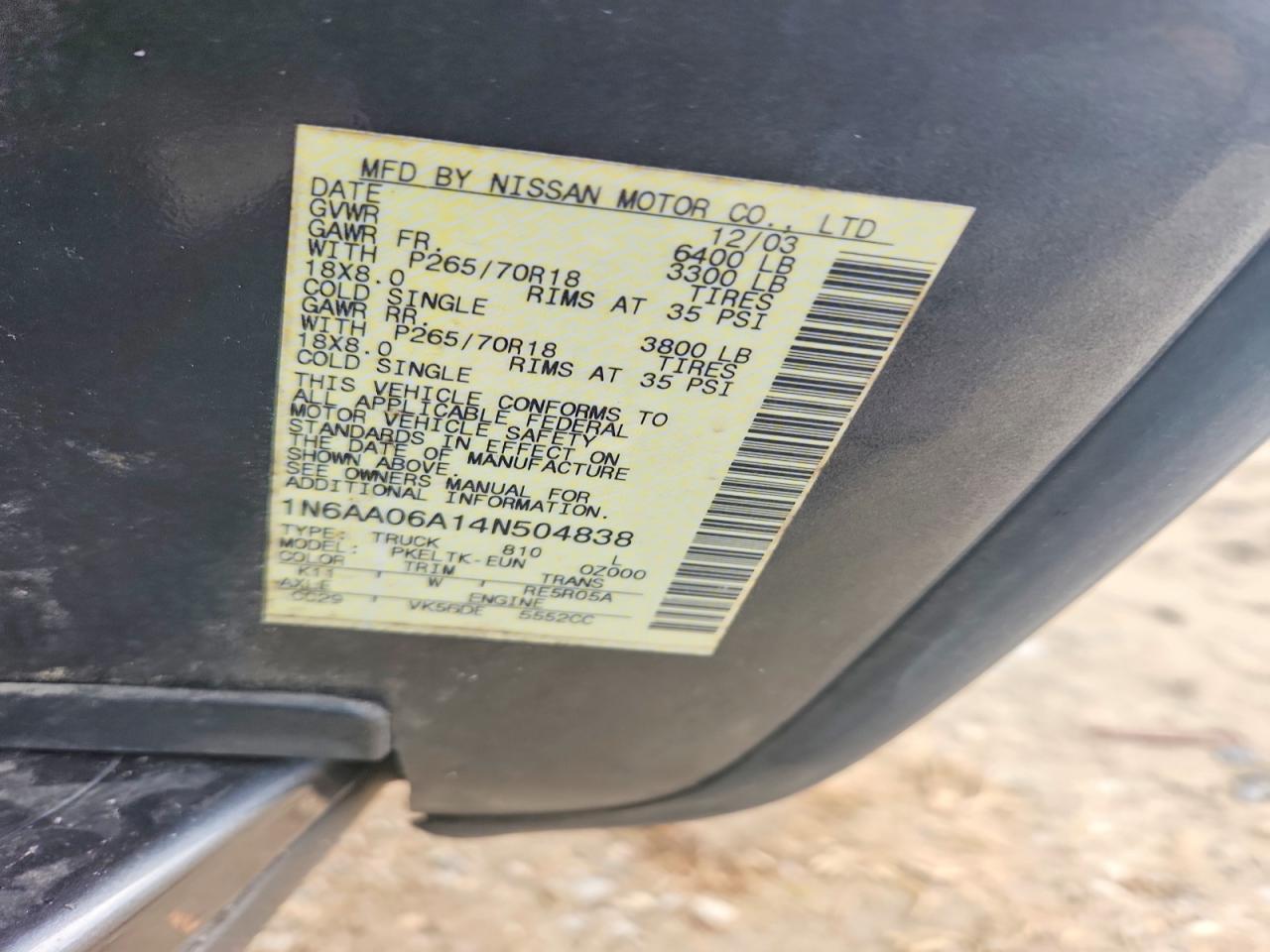 2004 Nissan Titan Xe Gray vin: 1N6AA06A14N504838