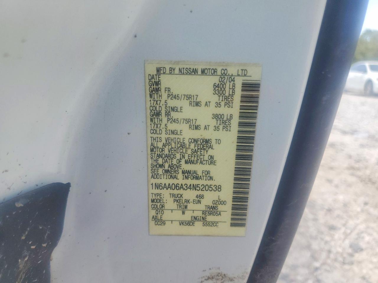 2004 Nissan Titan Xe/se/le White vin: 1N6AA06A34N520538