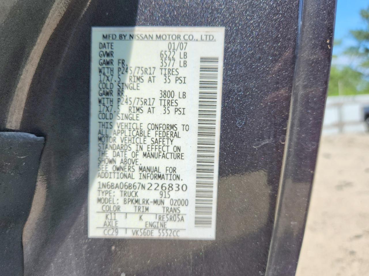 2007 Nissan Titan Xe Ffv Серый vin: 1N6BA06B67N226830