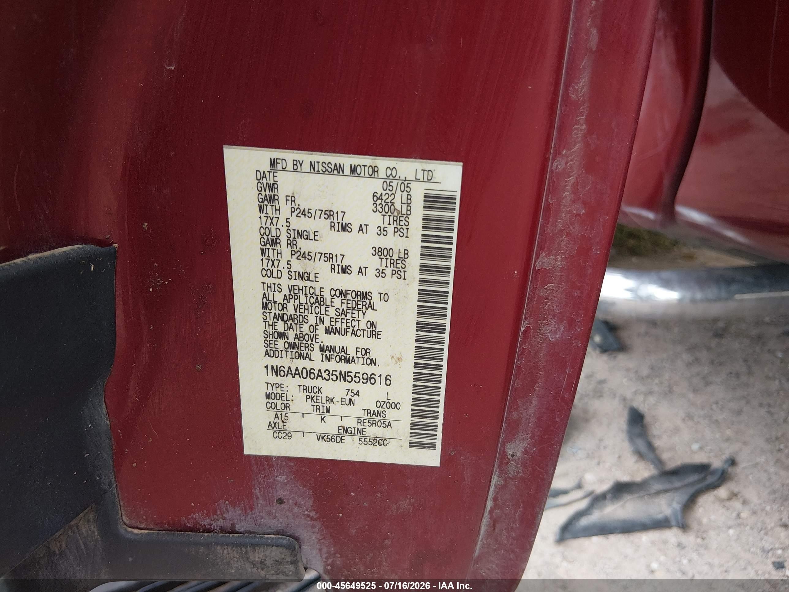 2005 Nissan Titan Xe Red vin: 1N6AA06A35N559616