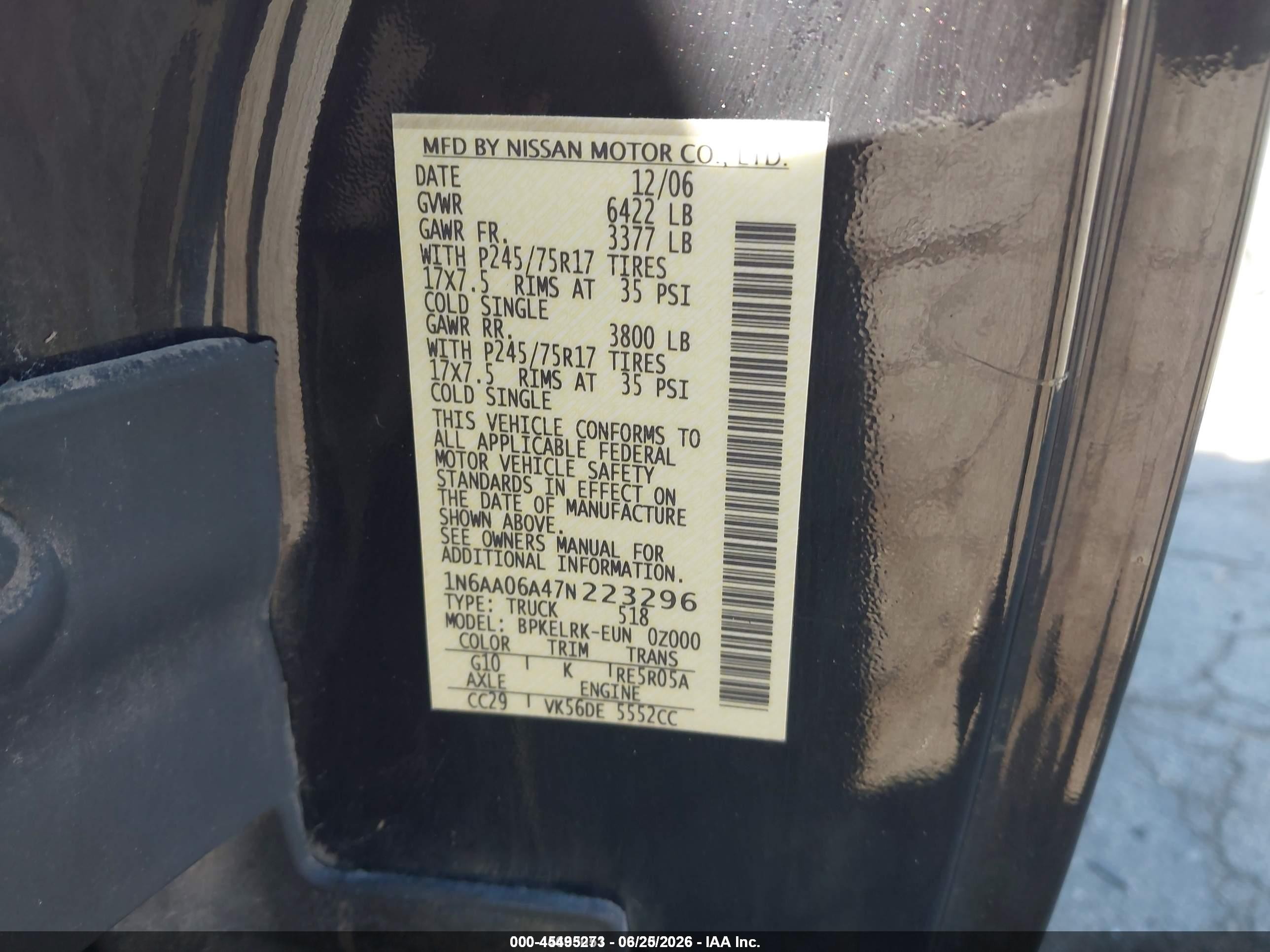 2007 Nissan Titan Xe Black vin: 1N6AA06A47N223296