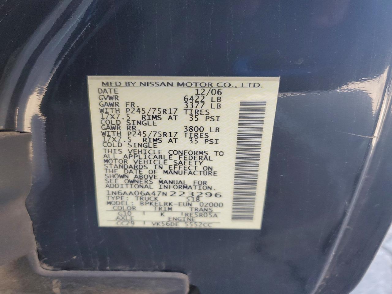 2007 Nissan Titan Xe Черный vin: 1N6AA06A47N223296
