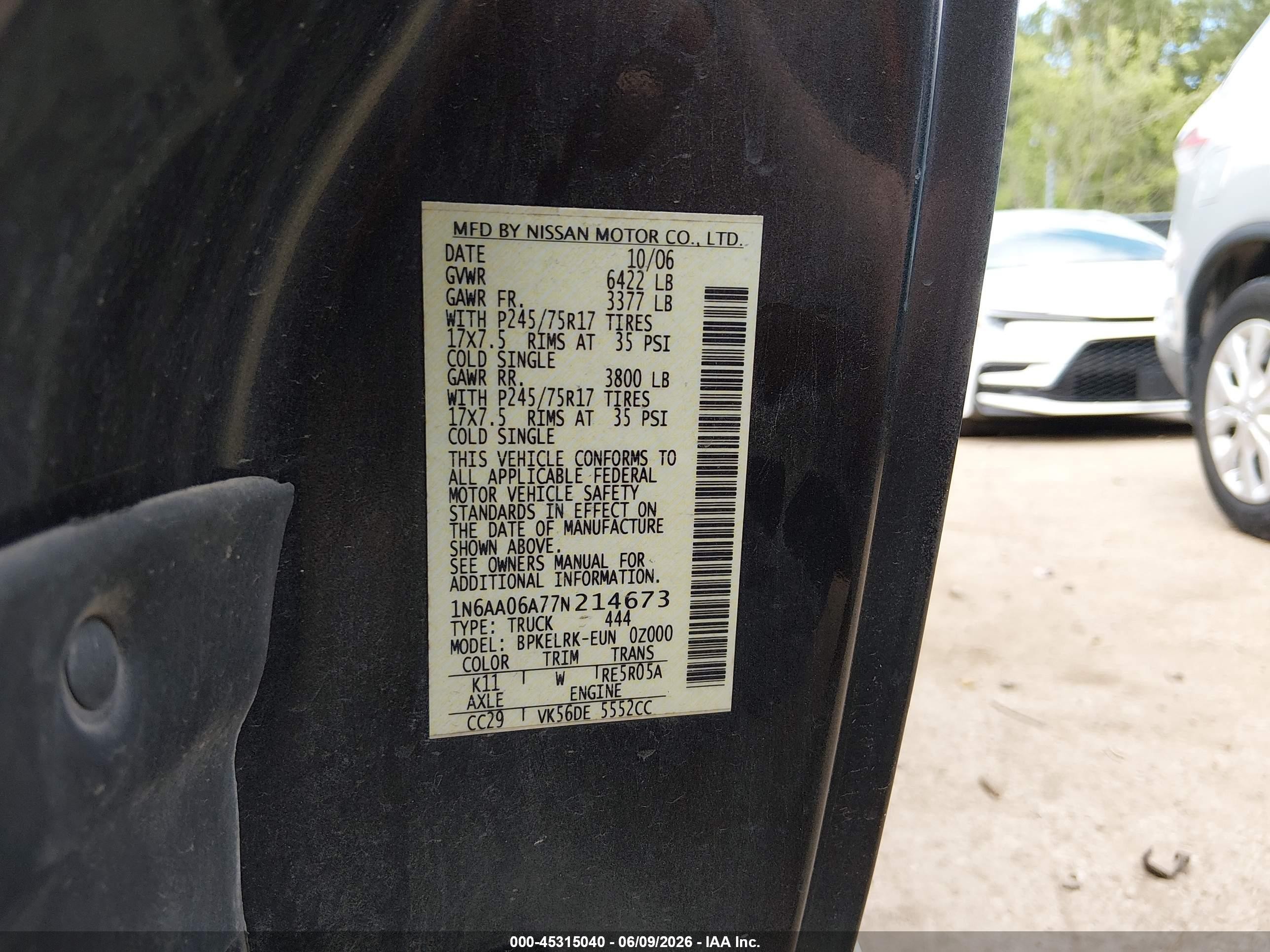 2007 Nissan Titan Xe Black vin: 1N6AA06A77N214673