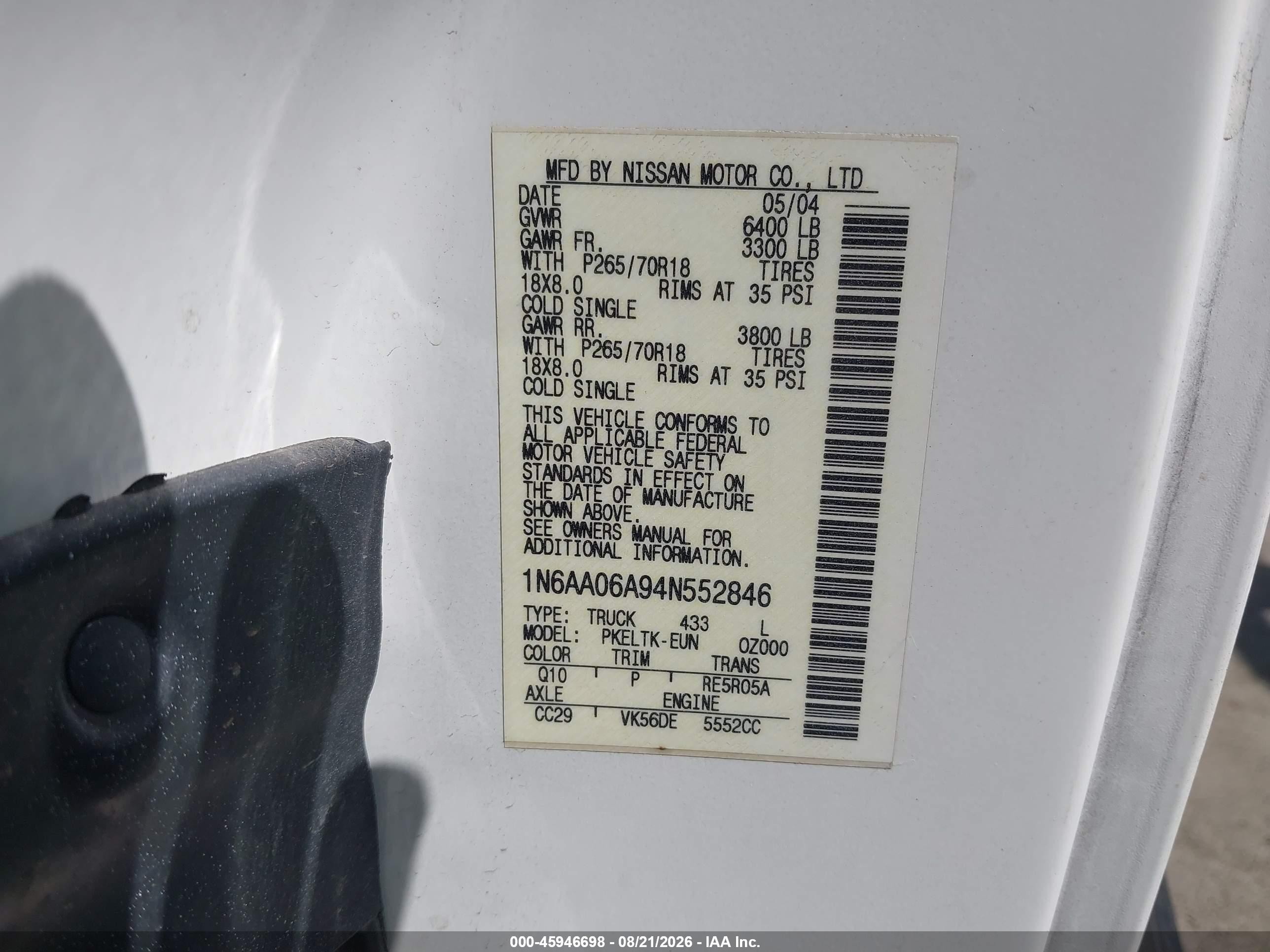 2004 Nissan Titan Se White vin: 1N6AA06A94N552846