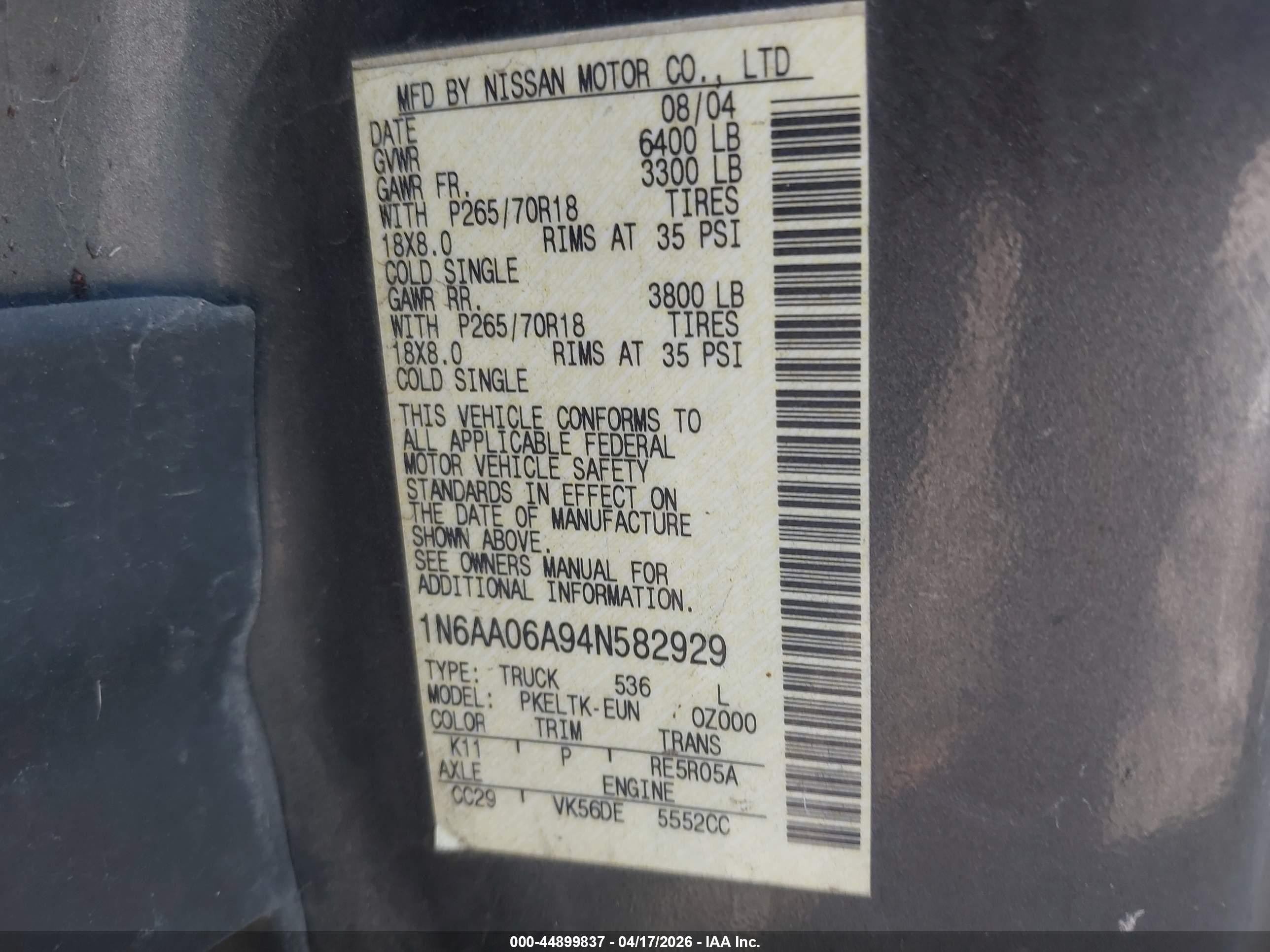 2004 Nissan Titan Se Серый vin: 1N6AA06A94N582929