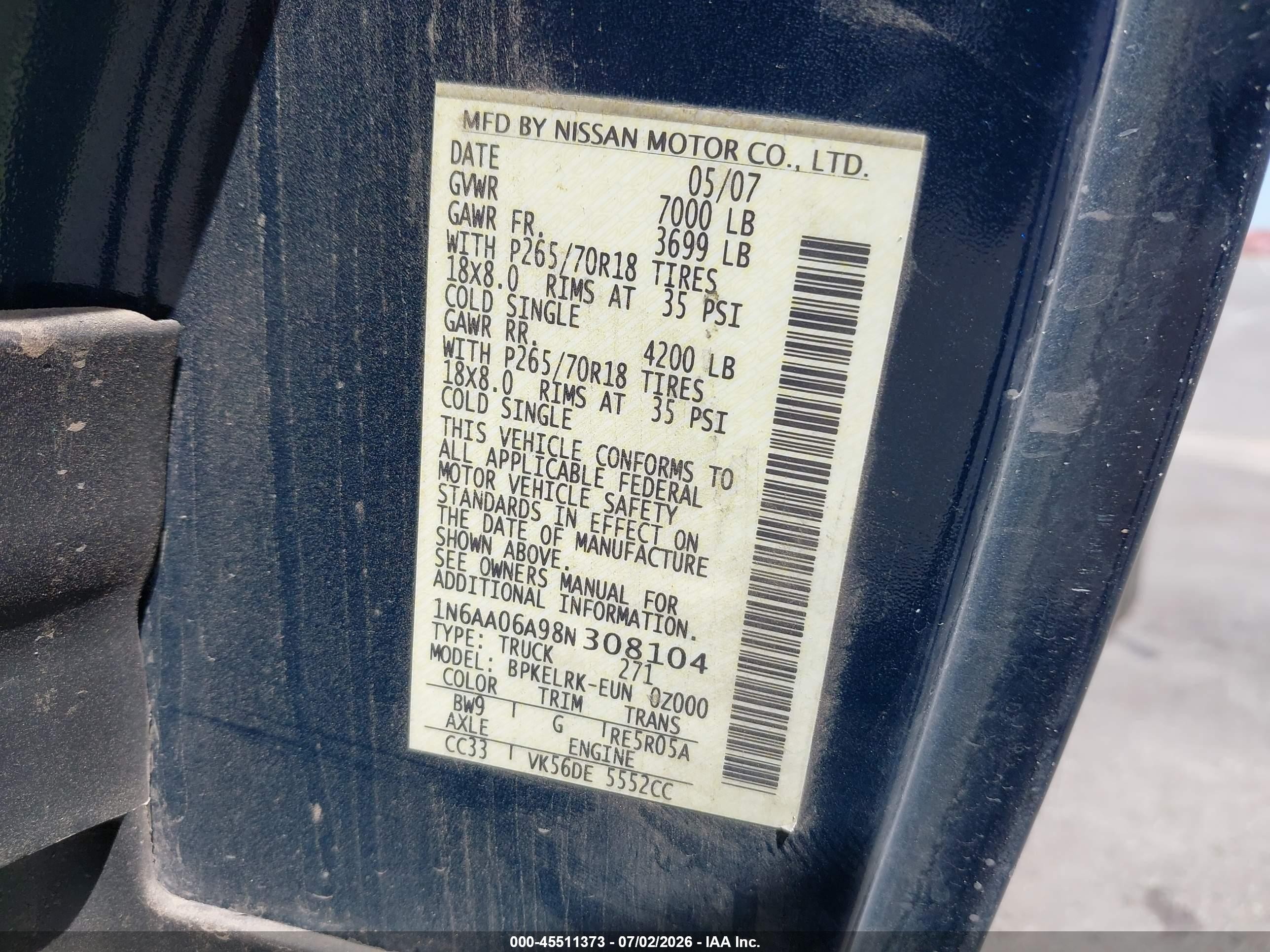 2008 Nissan Titan Xe Blue vin: 1N6AA06A98N308104
