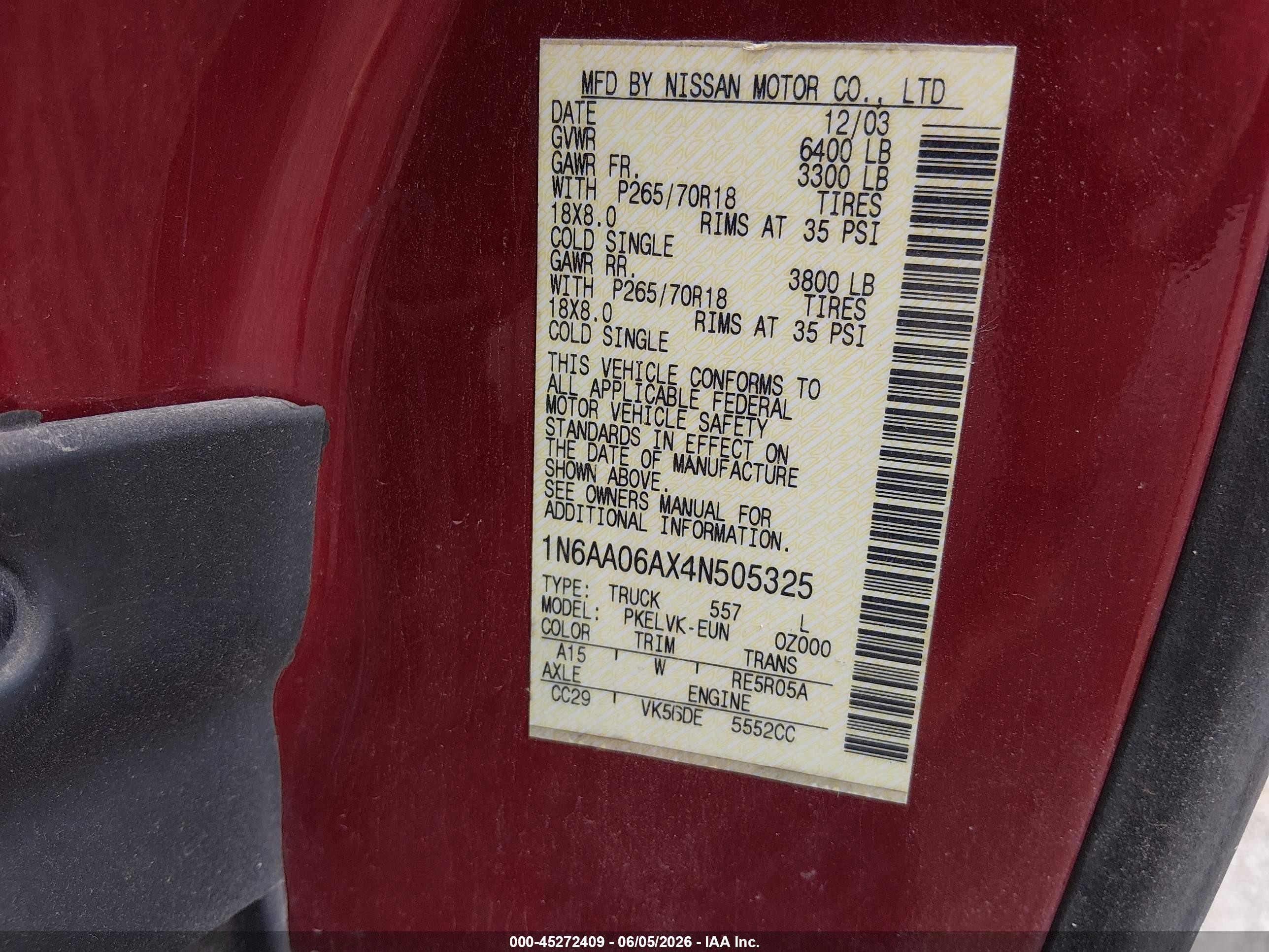 2004 Nissan Titan Le Red vin: 1N6AA06AX4N505325