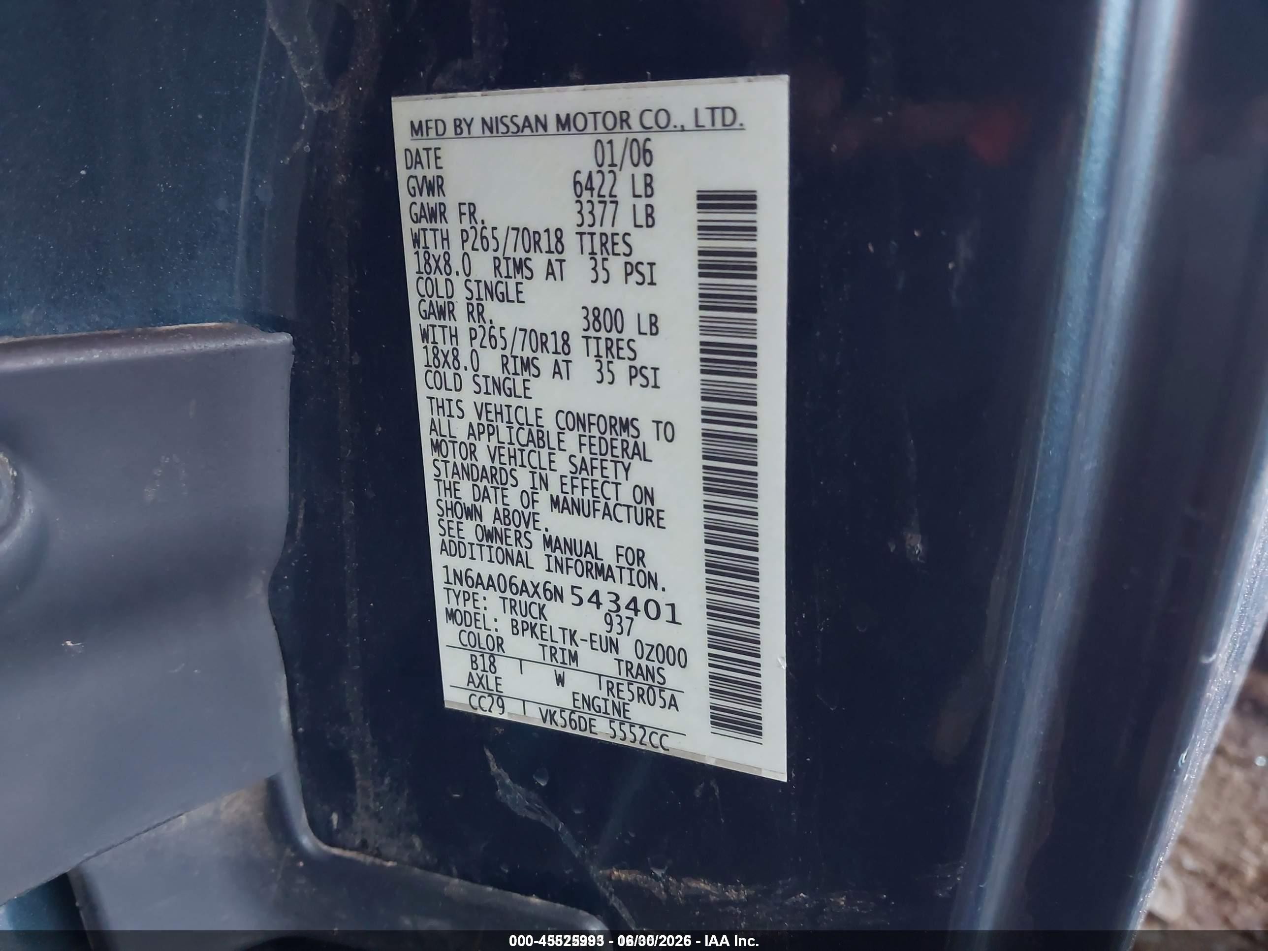 2006 Nissan Titan Se Gray vin: 1N6AA06AX6N543401