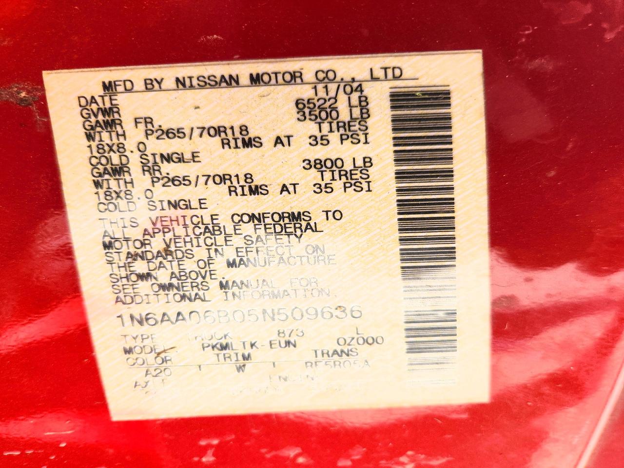2005 Nissan Titan Xe Red vin: 1N6AA06B05N509636
