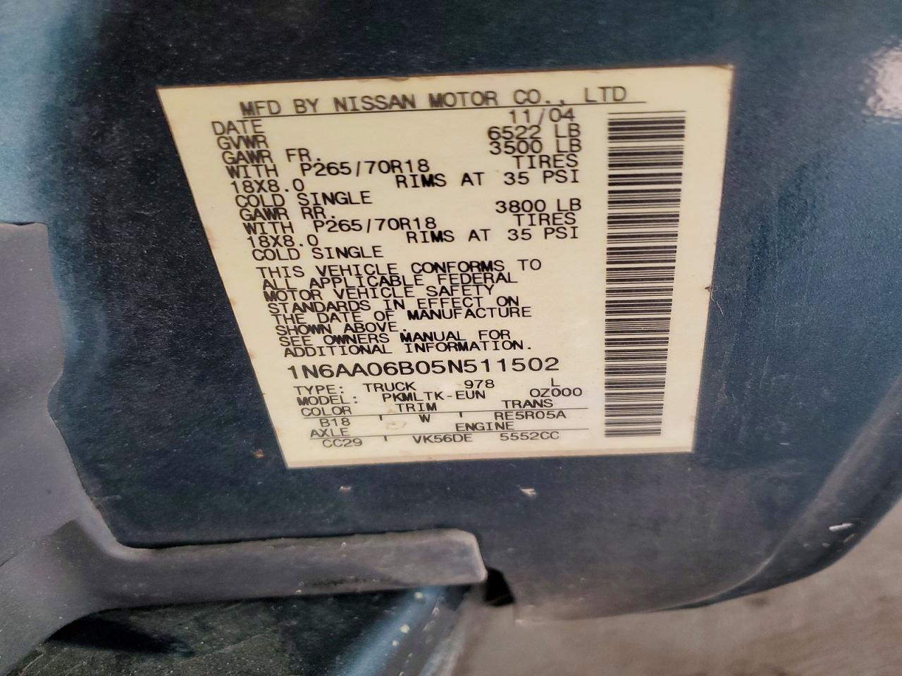 2005 Nissan Titan Xe Green vin: 1N6AA06B05N511502